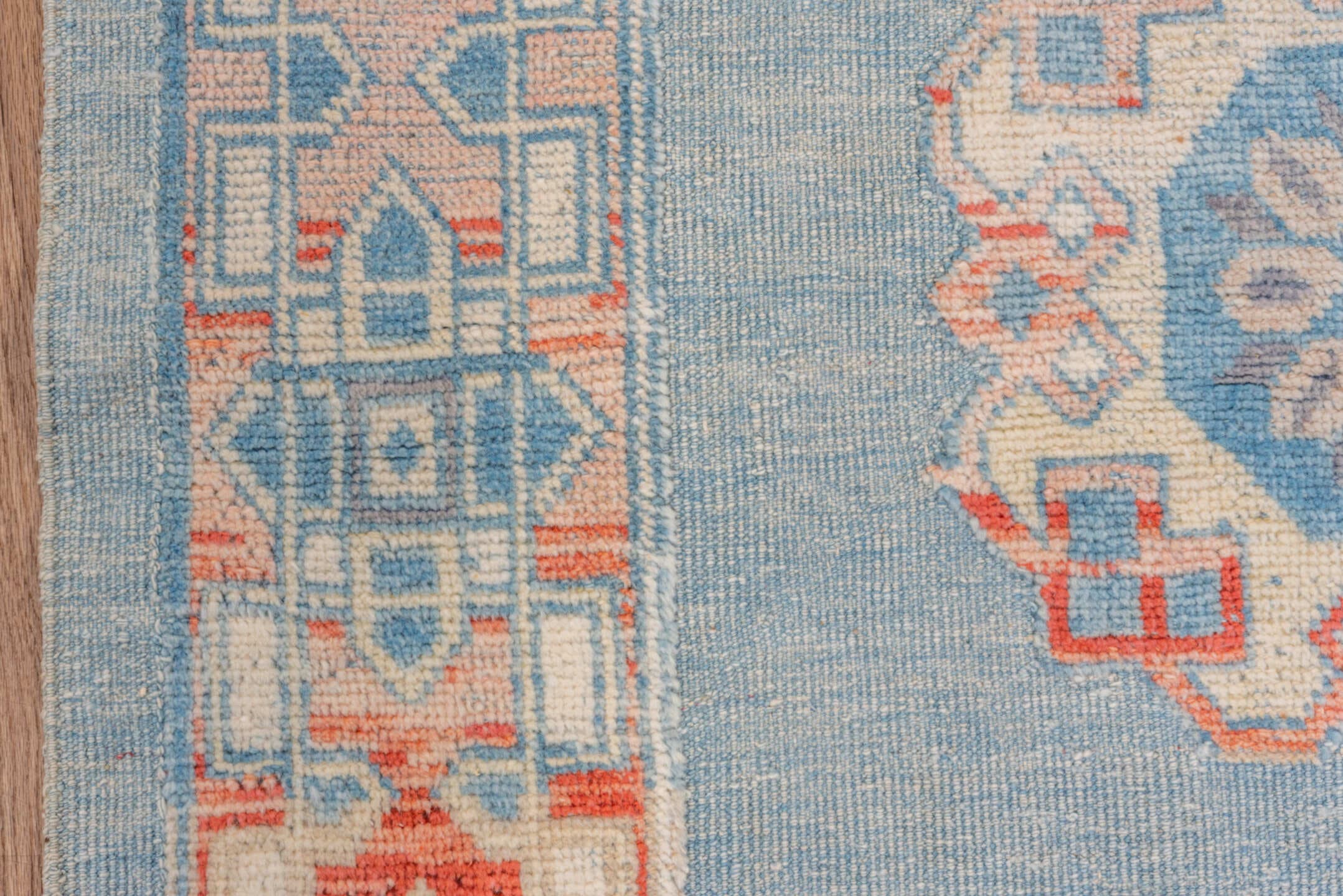 3' x 4' one-of-a-kind handmade vintage Oushak small size rug. Color palette: sky blue, ivory, coral, powder blue, slate
