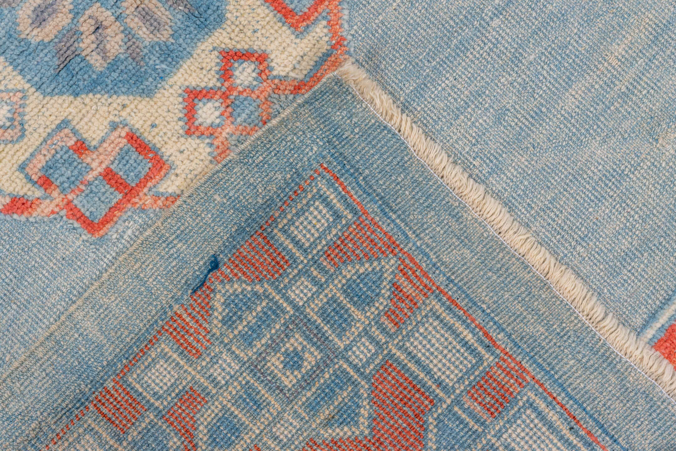 3' x 4' one-of-a-kind handmade vintage Oushak small size rug. Color palette: sky blue, ivory, coral, powder blue, slate