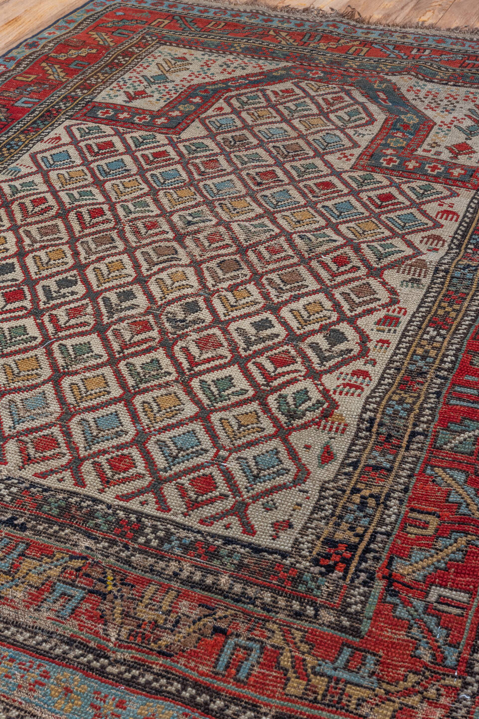 3' x 4' one-of-a-kind handmade vintage Shirvan small size rug. Color palette: brown, dim gray, gray, pink, red