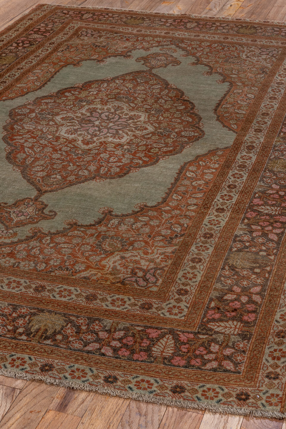 4' x 5' one-of-a-kind handmade vintage Tabriz small size rug. Color palette: rust, ivory, rose, taupe, camel, brown, sage