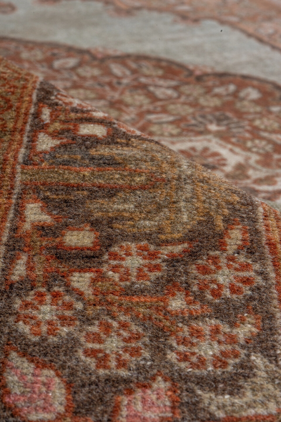 4' x 5' one-of-a-kind handmade vintage Tabriz small size rug. Color palette: brown, gray, off-white, pink, snow, white