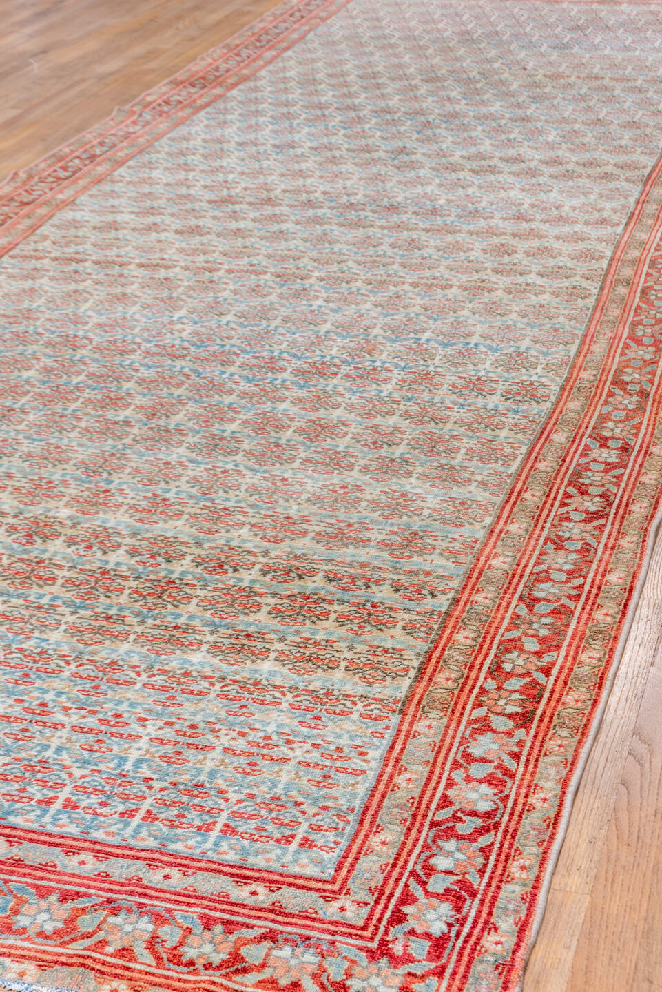5' x 15' one-of-a-kind handmade vintage Malayer rug. Color palette: ivory, rust, sky_blue, coral, slate, rose, terracotta