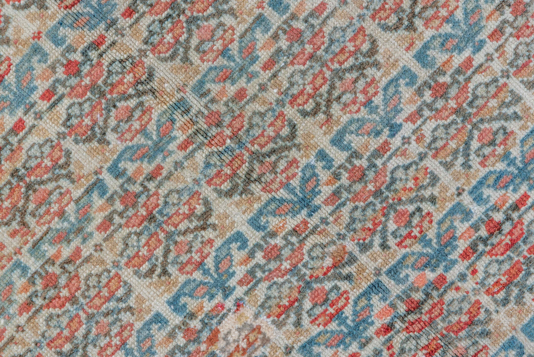 5' x 15' one-of-a-kind handmade vintage Malayer rug. Color palette: ivory, rust, sky_blue, coral, slate, rose, terracotta