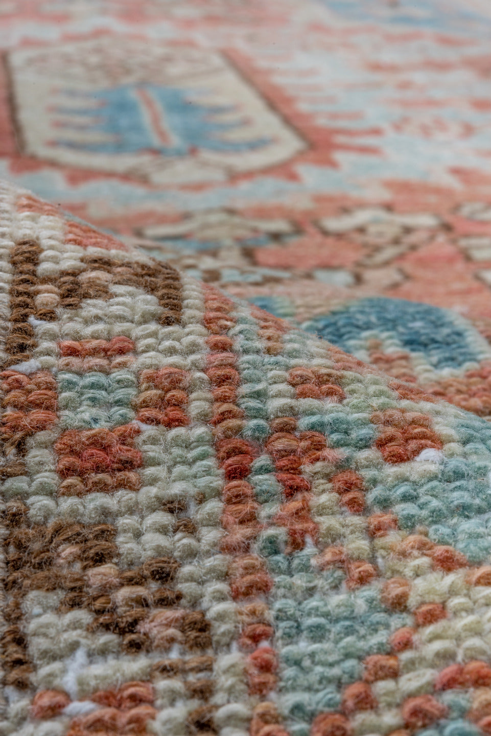 2' x 10' one-of-a-kind handmade vintage Heriz runner rug. Color palette: blue, brown, gray, light gray, off-white, orange