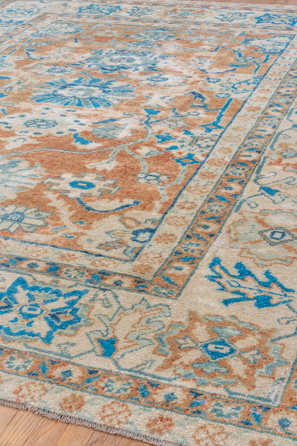8' x 11' one-of-a-kind handmade vintage Oushak large size rug. Color palette: ivory, sky blue, terracotta, beige, camel