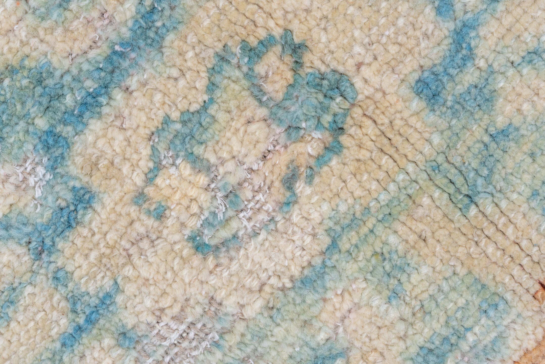 8' x 11' one-of-a-kind handmade vintage Oushak large size rug. Color palette: ivory, sky blue, terracotta, beige, camel