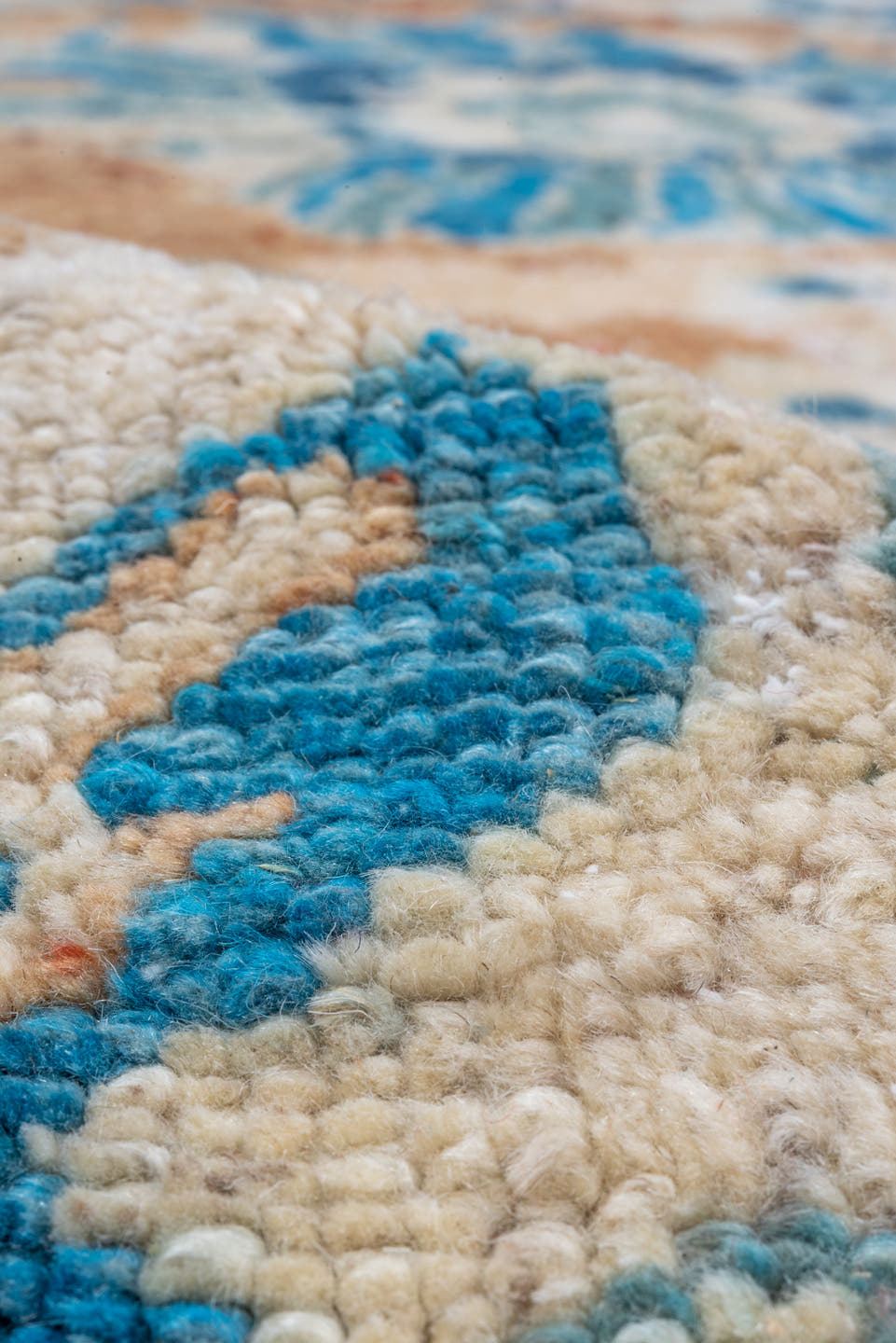 8' x 11' one-of-a-kind handmade vintage Oushak large size rug. Color palette: ivory, sky blue, terracotta, beige, camel