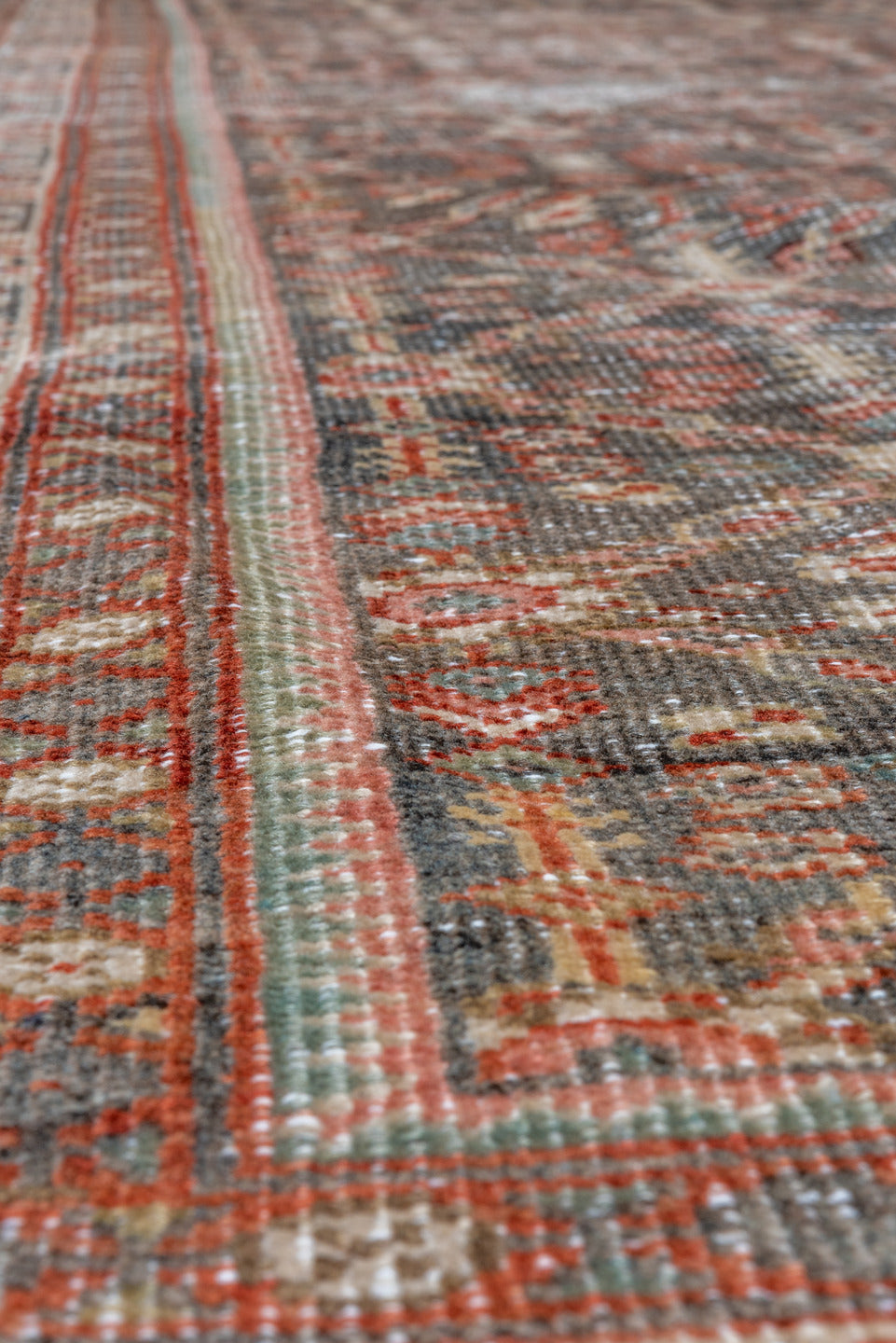 3' x 16' one-of-a-kind handmade vintage Mahal runner rug. Color palette: brown, gray, light gray, off-white, pink, silver