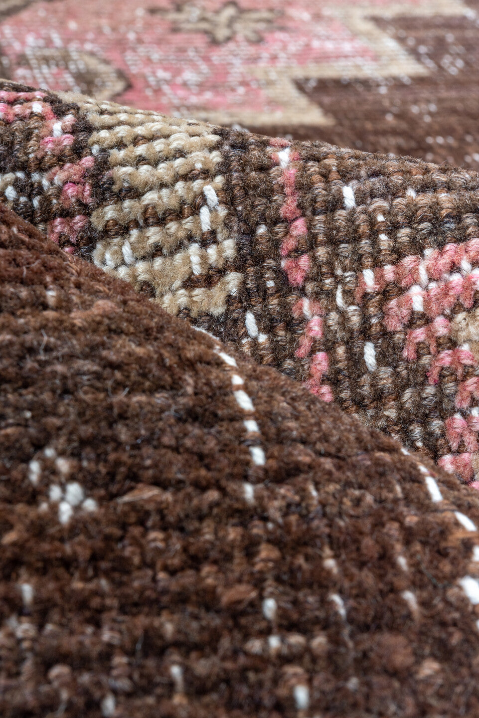 2' x 7' one-of-a-kind handmade vintage Kars runner rug. Color palette: brown, ivory, rose, taupe, dusty pink, pink, red
