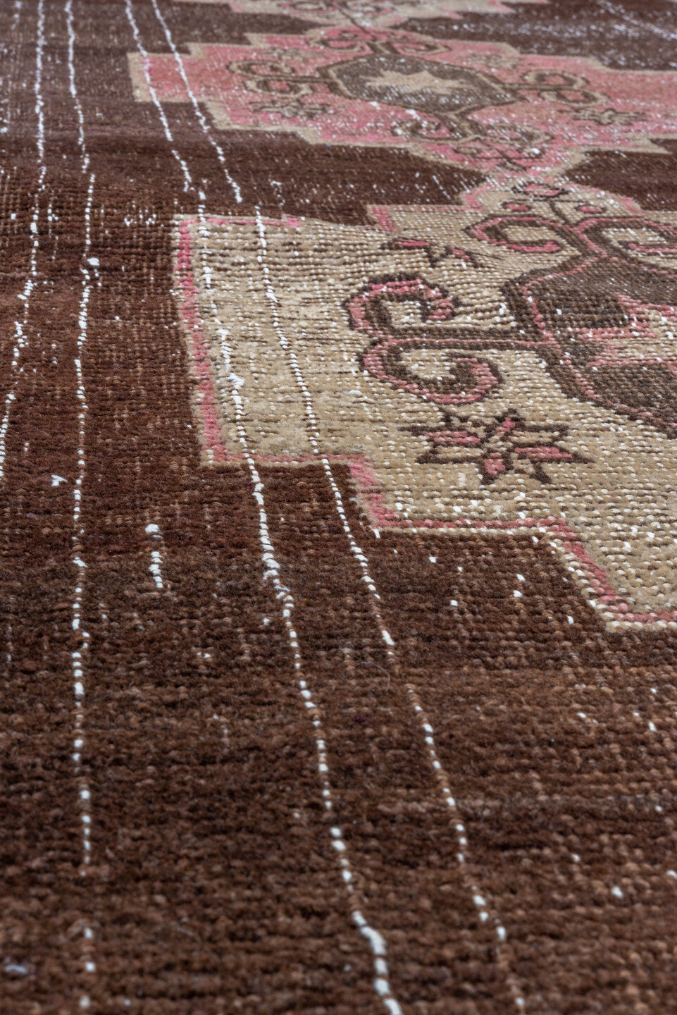 2' x 7' one-of-a-kind handmade vintage Kars runner rug. Color palette: brown, ivory, rose, taupe, dusty pink, pink, red