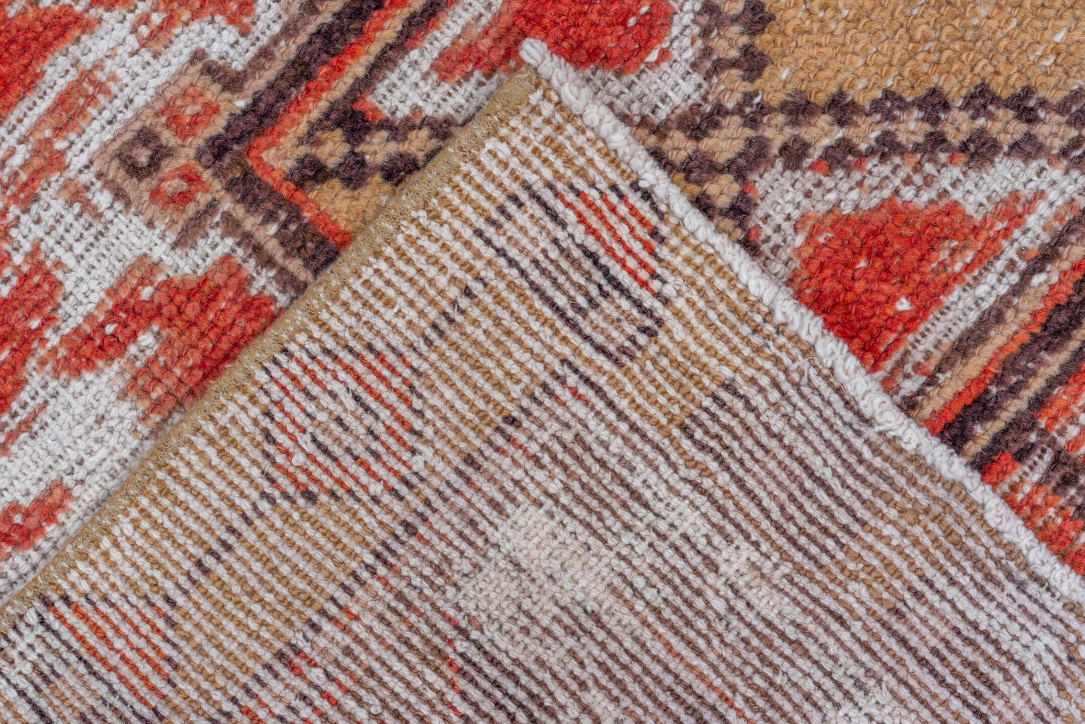 3' x 10' one-of-a-kind handmade vintage Oushak runner rug. Color palette: brown, gray, light gray, off-white, pink, red
