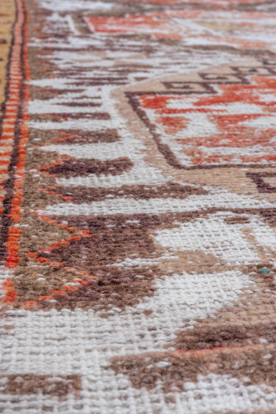 3' x 10' one-of-a-kind handmade vintage Oushak runner rug. Color palette: brown, gray, light gray, off-white, pink, red