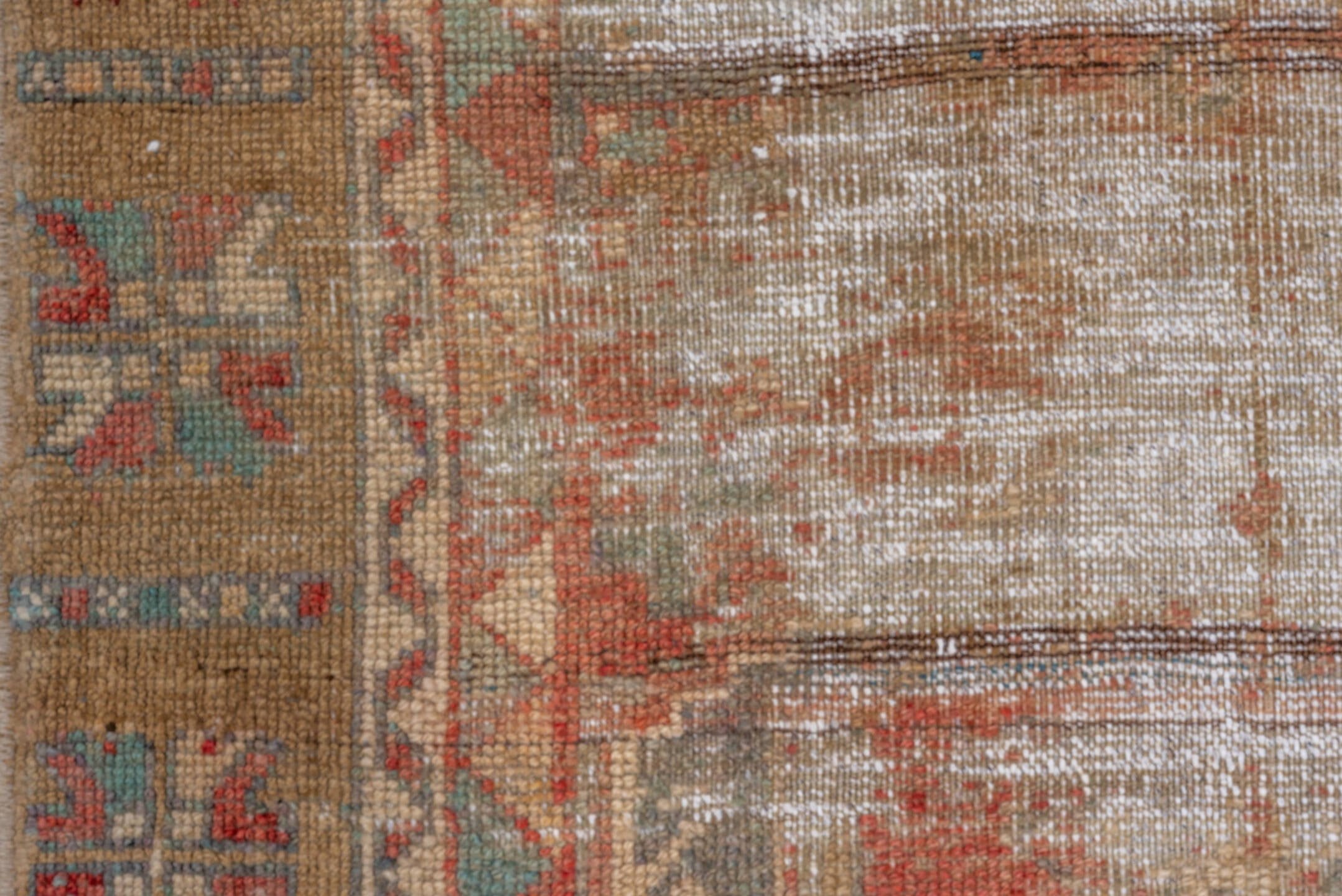 2' x 9' one-of-a-kind handmade vintage Oushak runner rug. Color palette: terra cotta, taupe, ivory, sage, rust, blue