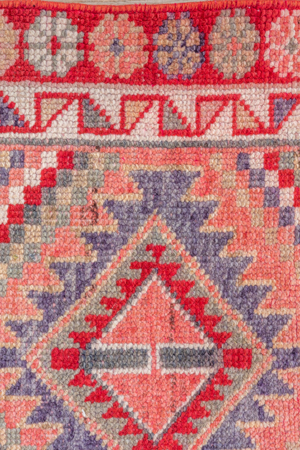 2' x 6' one-of-a-kind handmade vintage Oushak runner rug. Color palette: brown, gray, light gray, pink, red