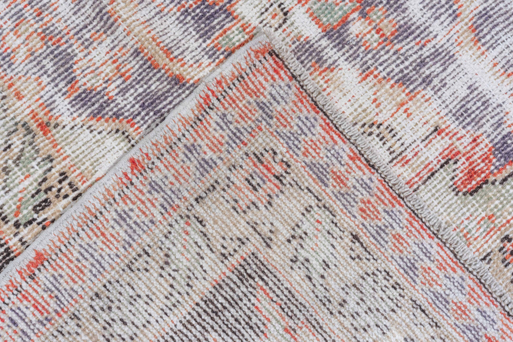 8' x 13' one-of-a-kind handmade vintage Oushak large size rug. Color palette: ivory, coral, charcoal, slate, taupe, rose