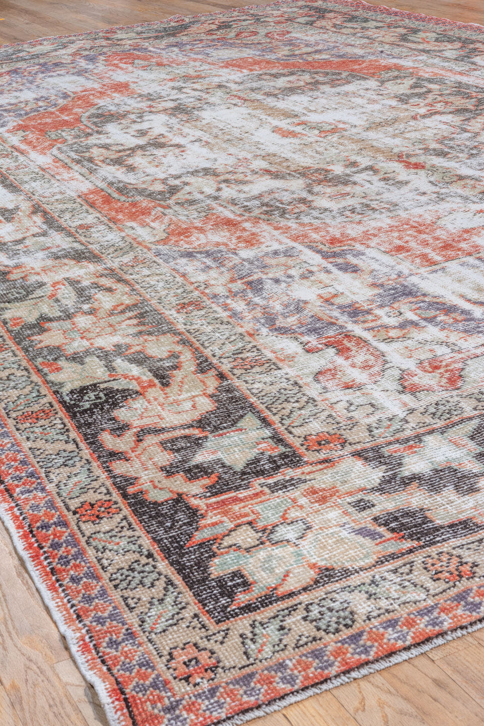 8' x 13' one-of-a-kind handmade vintage Oushak large size rug. Color palette: ivory, coral, charcoal, slate, taupe, rose