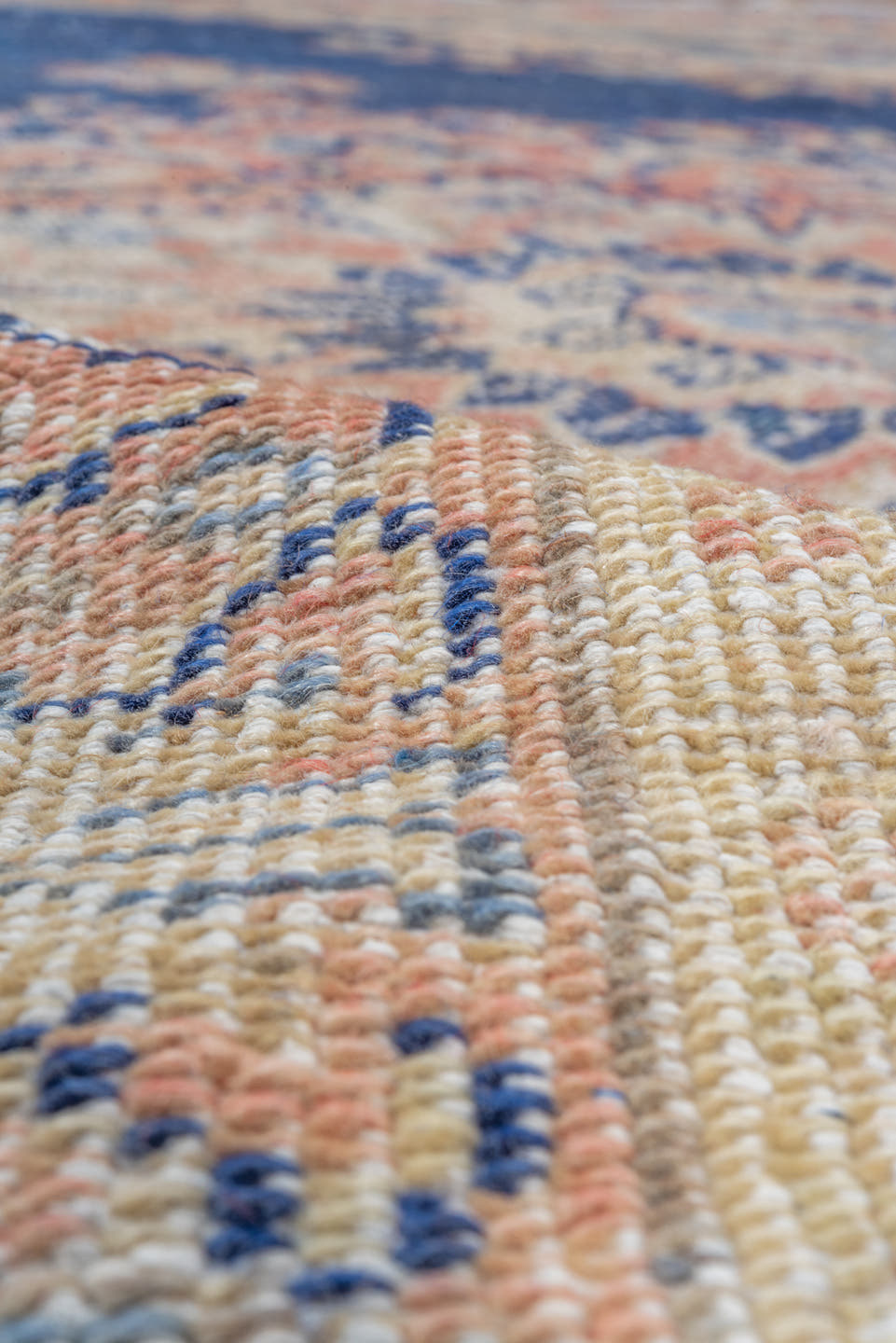 8' x 11' one-of-a-kind handmade vintage Oushak large size rug. Color palette: navy, ivory, peach, cream, faded blue, taupe