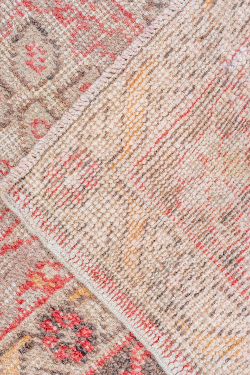 5' x 8' one-of-a-kind handmade vintage Oushak medium size rug. Color palette: coral, ivory, charcoal, gold, rose, taupe