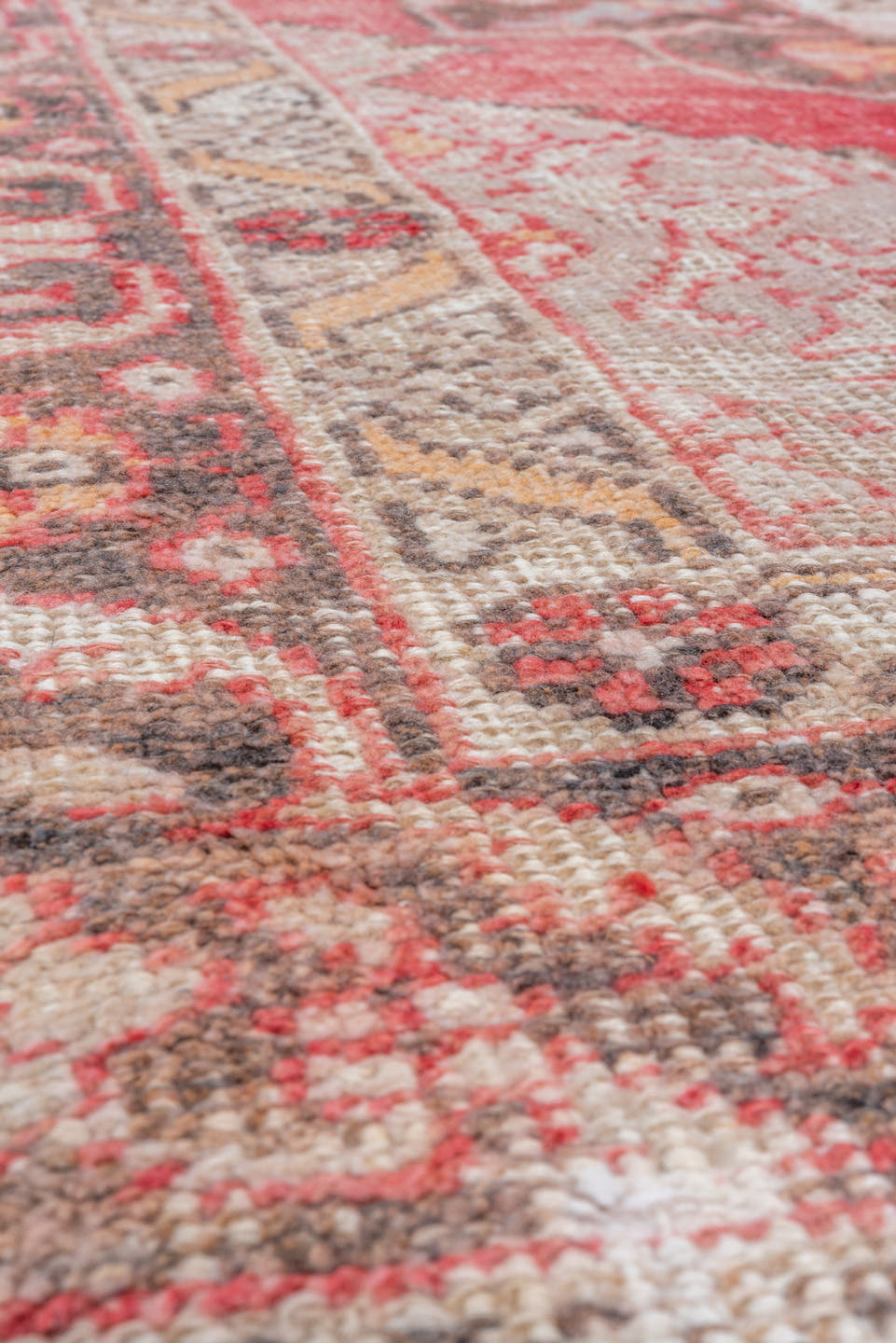 5' x 8' one-of-a-kind handmade vintage Oushak medium size rug. Color palette: coral, ivory, charcoal, gold, rose, taupe