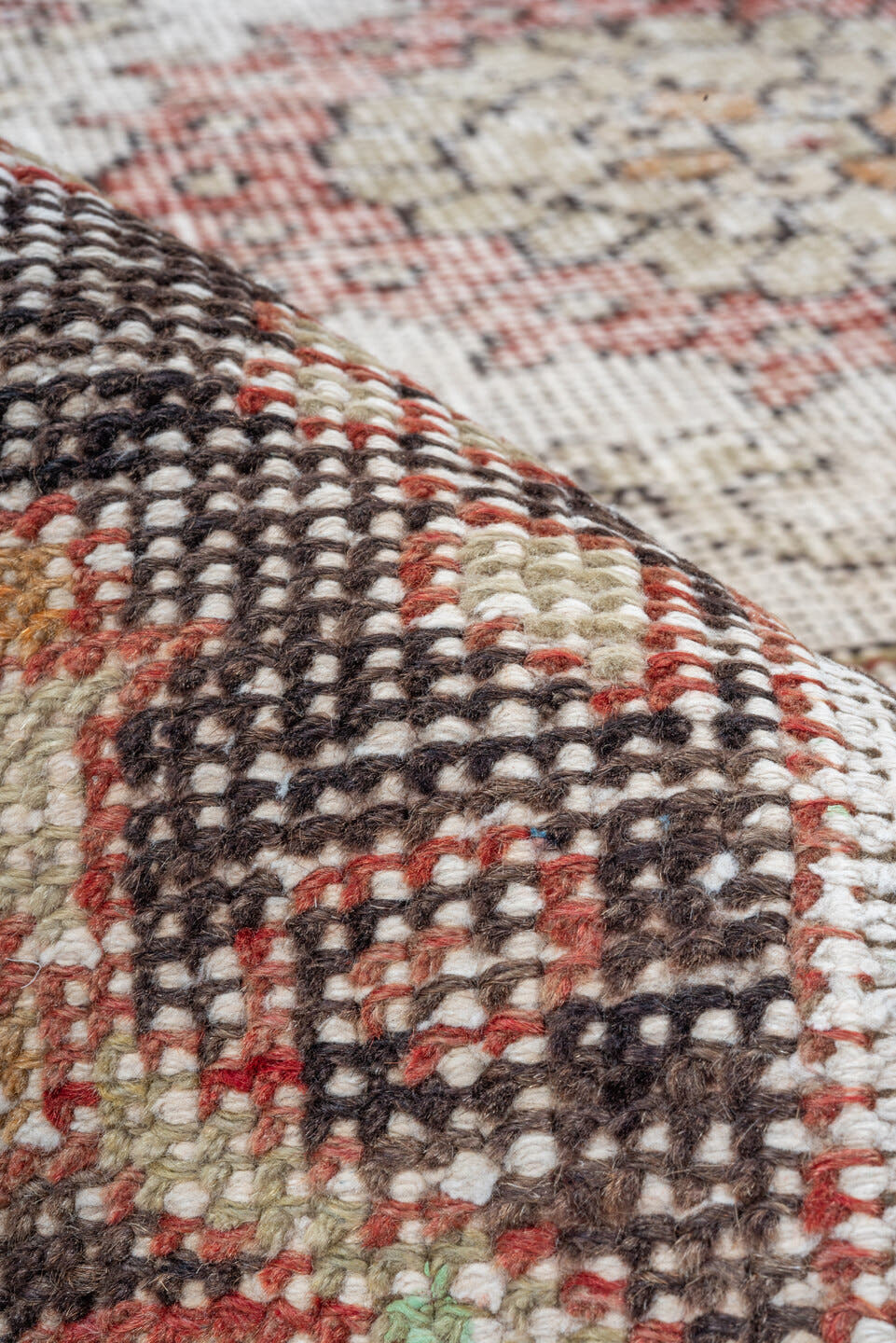 7' x 10' one-of-a-kind handmade vintage Oushak large size rug. Color palette: rose, ivory, charcoal, taupe, blush, camel