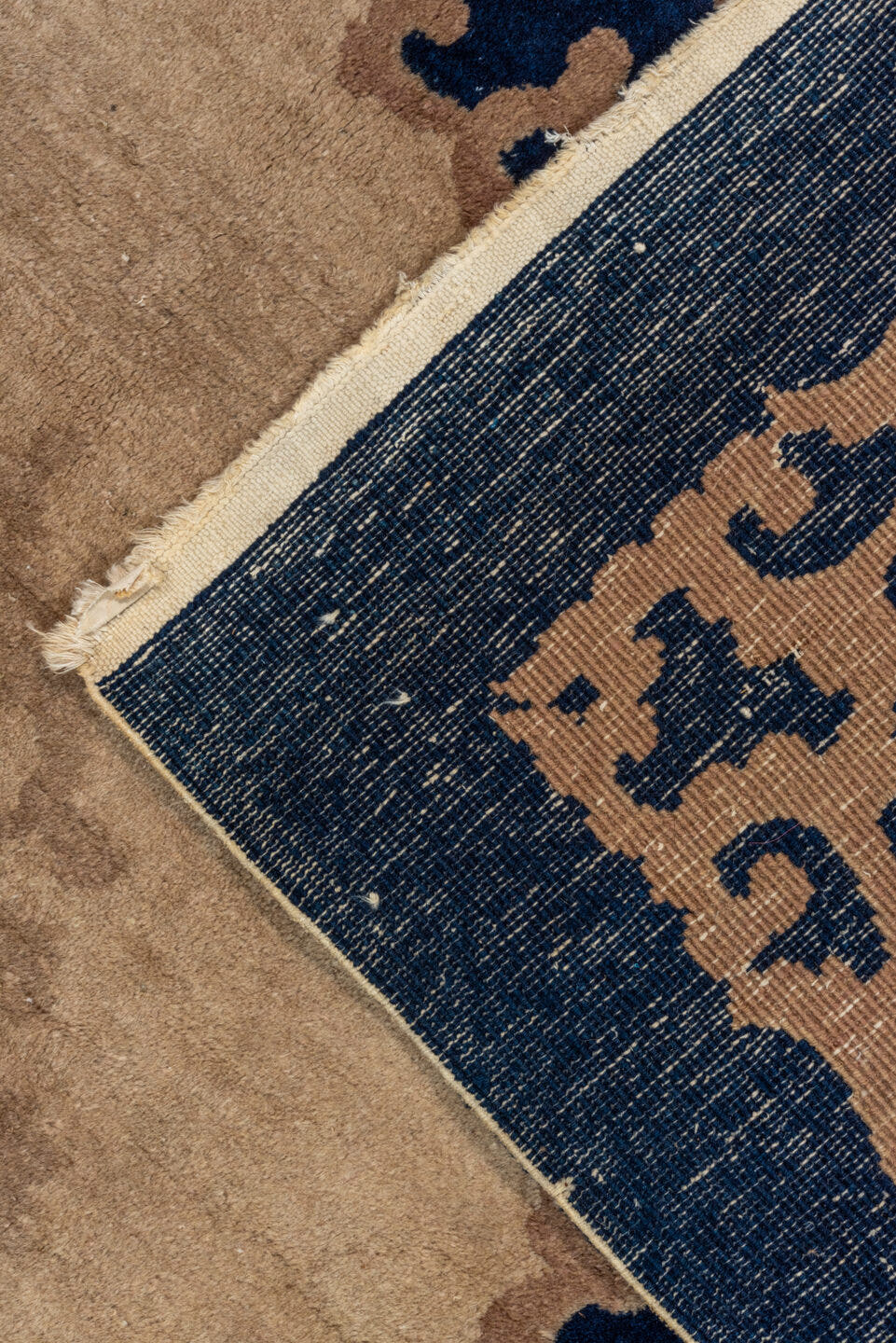 8' x 10' one-of-a-kind handmade vintage Chinese large size rug. Color palette: ivory, navy, taupe, beige, blue, gray