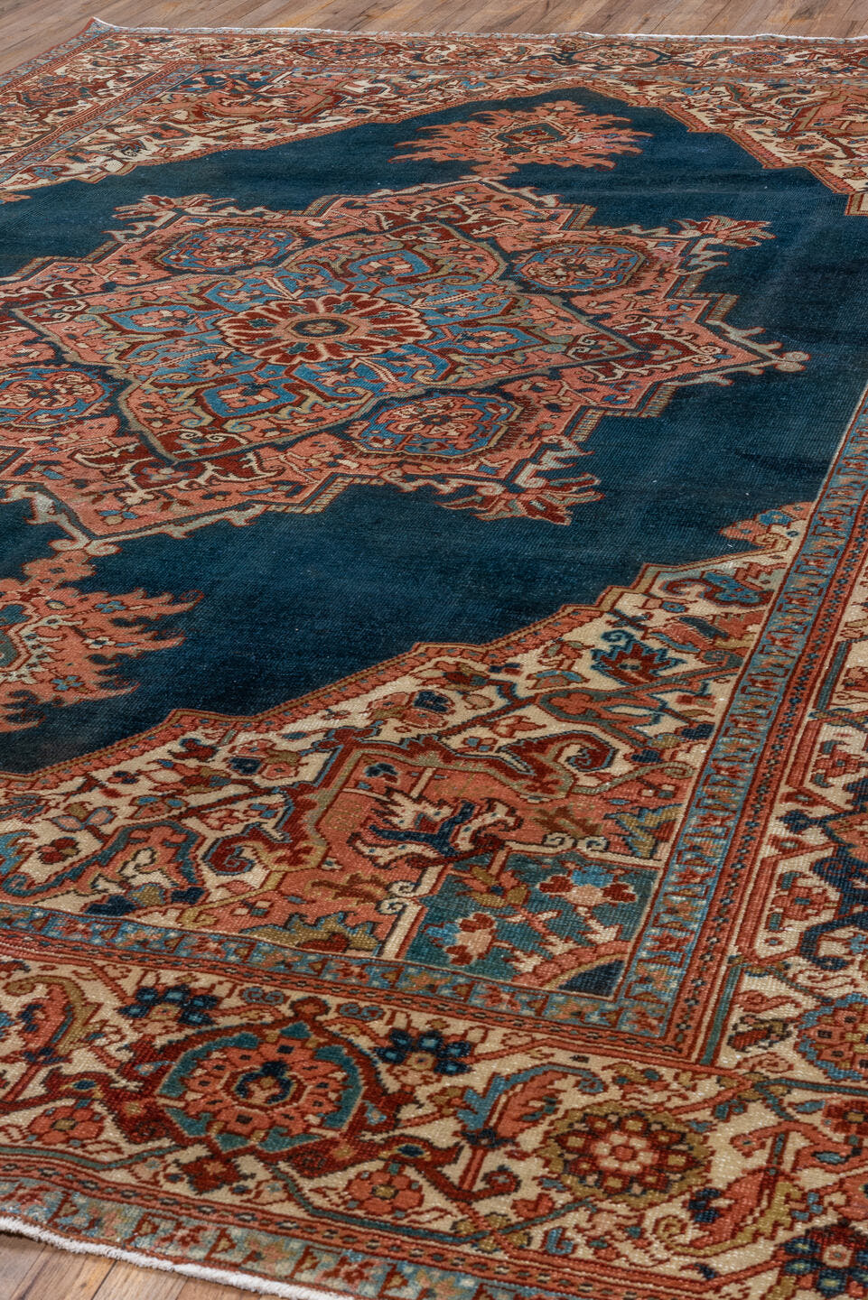 8' x 12' one-of-a-kind handmade vintage Heriz large size rug. Color palette: navy, ivory, terra cotta, rust, sky blue