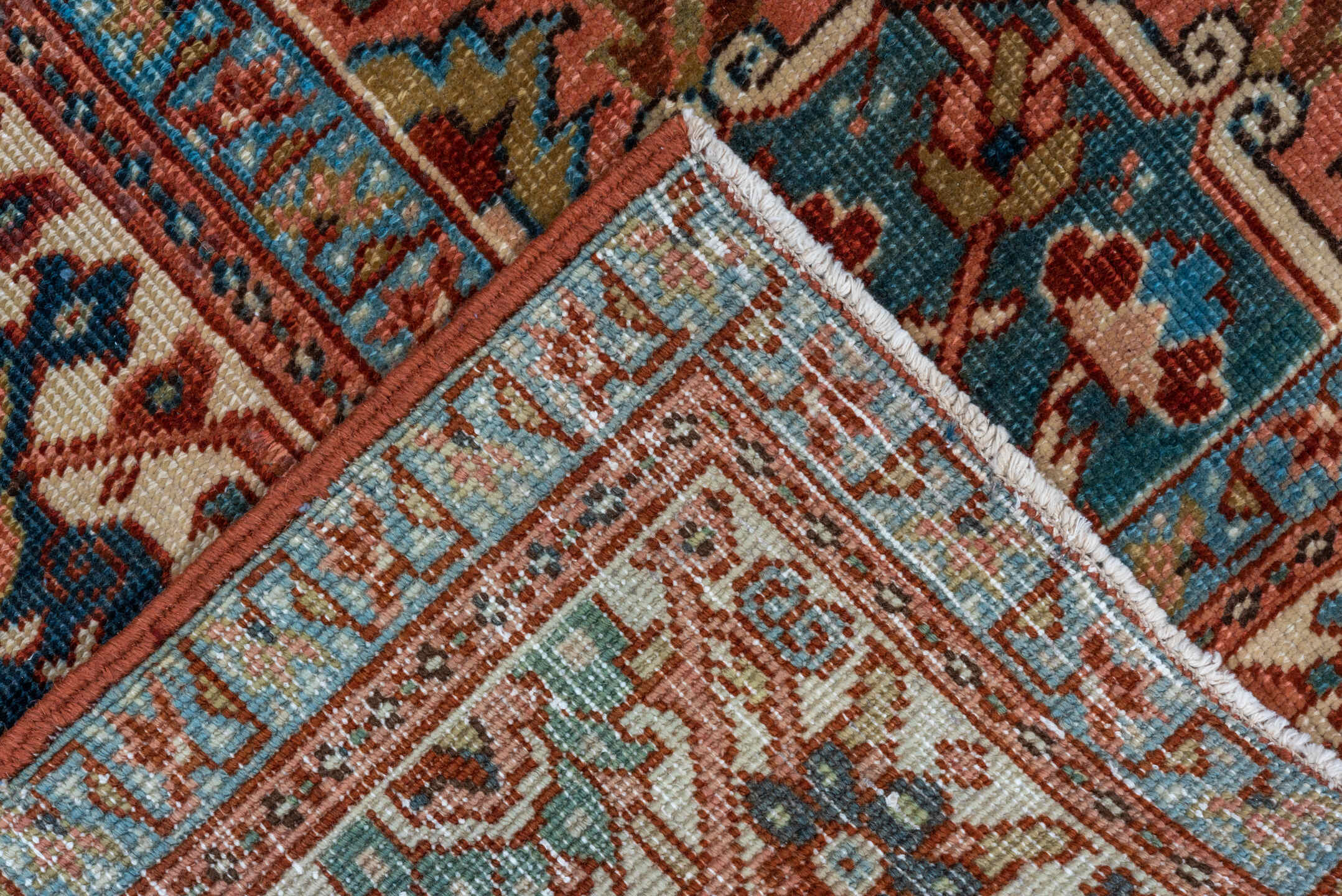 8' x 12' one-of-a-kind handmade vintage Heriz large size rug. Color palette: navy, ivory, terra cotta, rust, sky blue