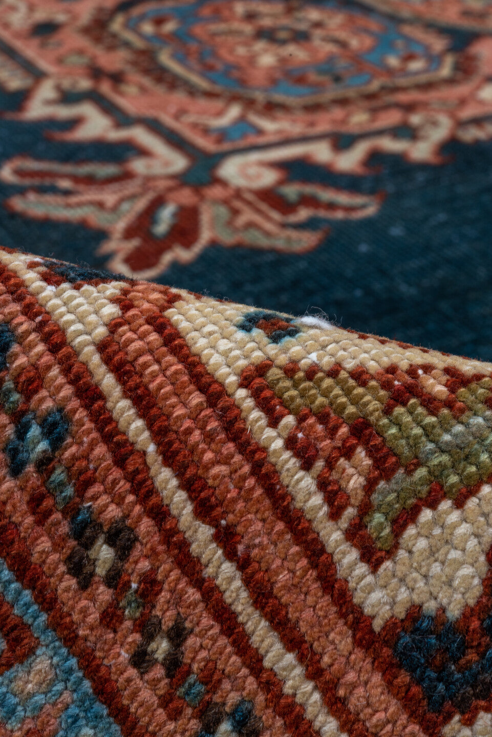 8' x 12' one-of-a-kind handmade vintage Heriz large size rug. Color palette: navy, ivory, terra cotta, rust, sky blue
