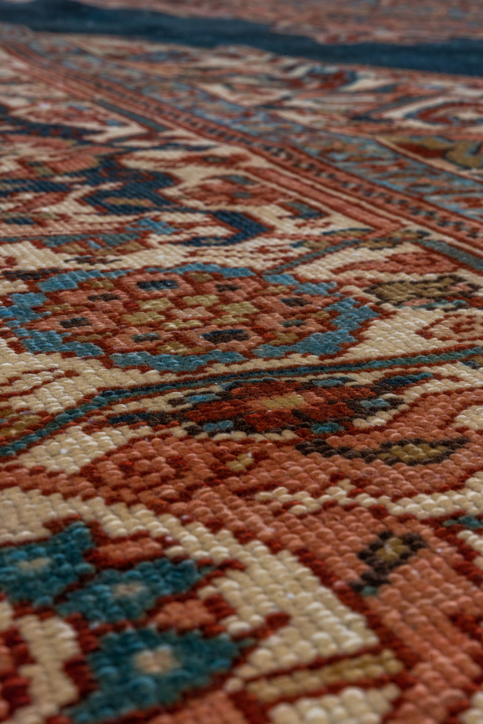 8' x 12' one-of-a-kind handmade vintage Heriz large size rug. Color palette: navy, ivory, terra cotta, rust, sky blue