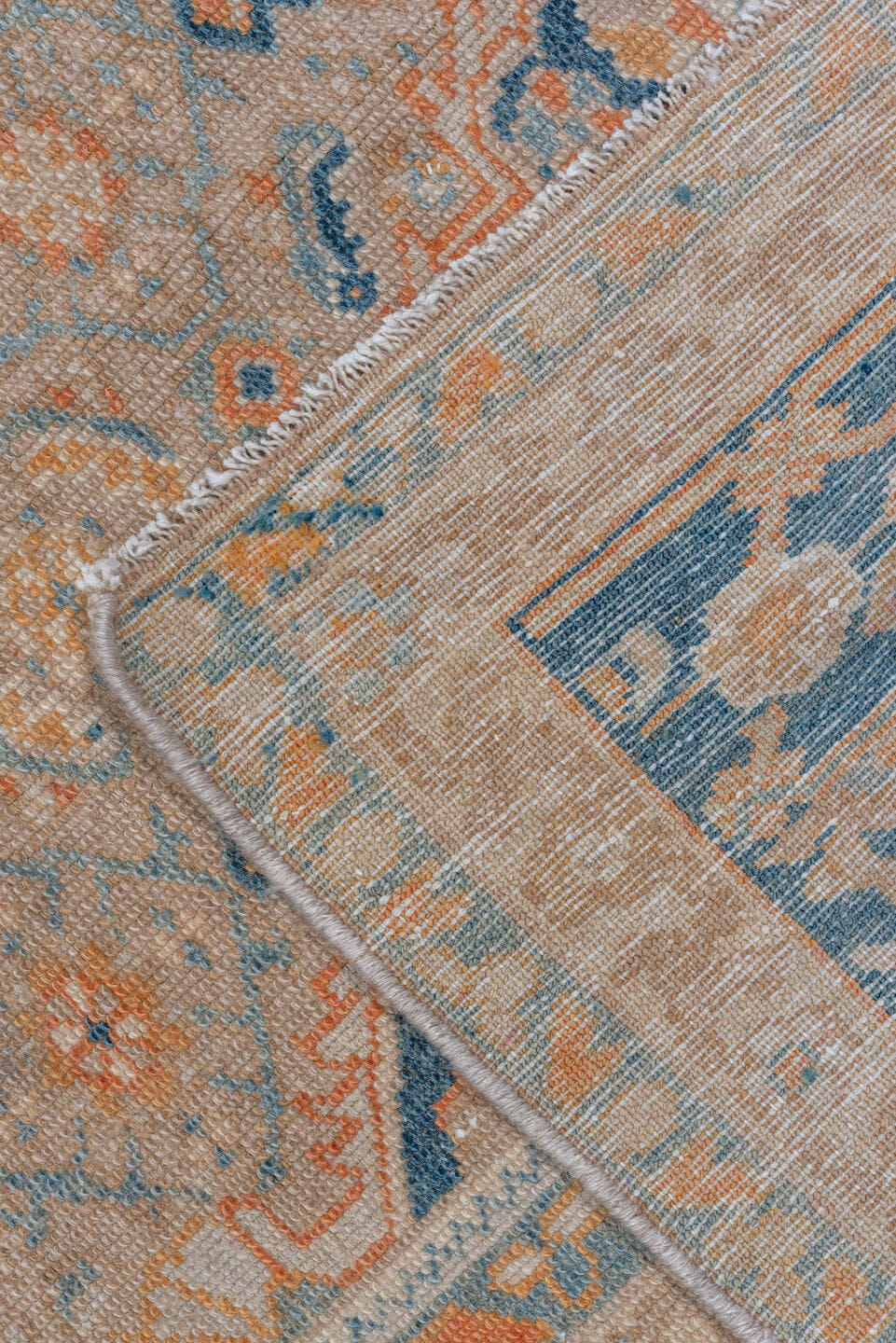 9' x 12' one-of-a-kind handmade vintage Malayer large size rug. Color palette: ivory, blue, peach, gold, beige, camel
