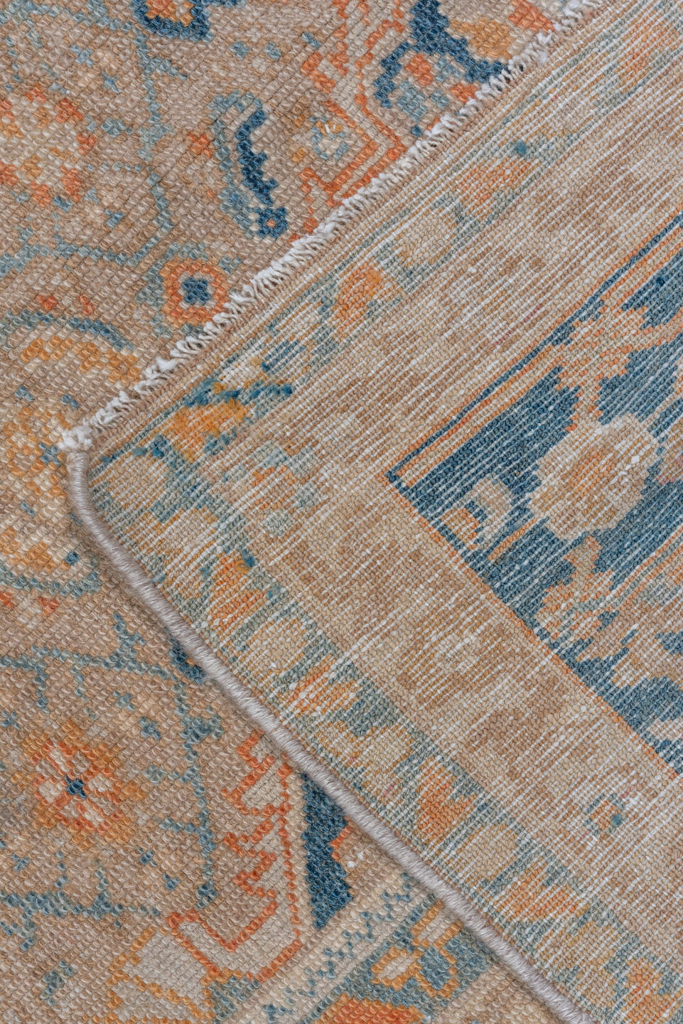 9' x 12' one-of-a-kind handmade vintage Malayer large size rug. Color palette: ivory, blue, peach, gold, beige, camel
