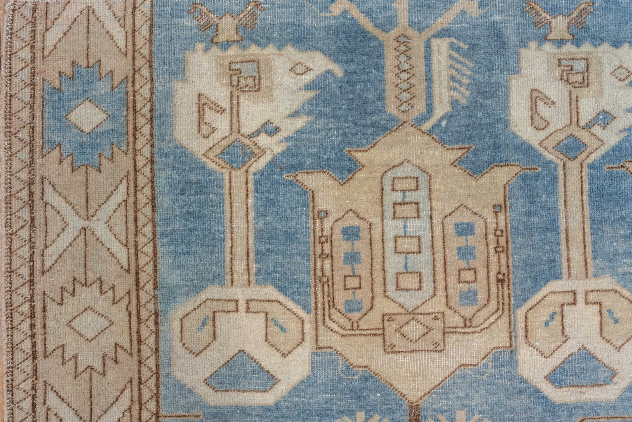 6' x 10' one-of-a-kind handmade antique Oushak large size rug. Color palette: sky blue, ivory, taupe, beige, camel, brown