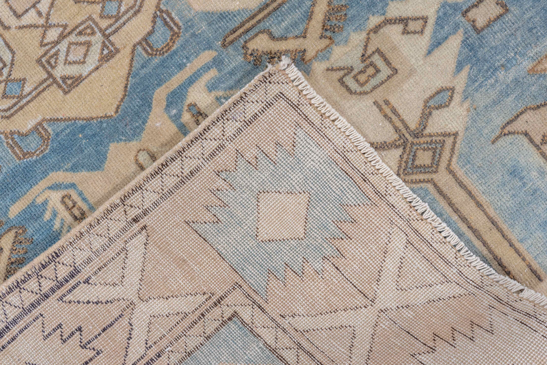 6' x 10' one-of-a-kind handmade antique Oushak large size rug. Color palette: sky blue, ivory, taupe, beige, camel, brown