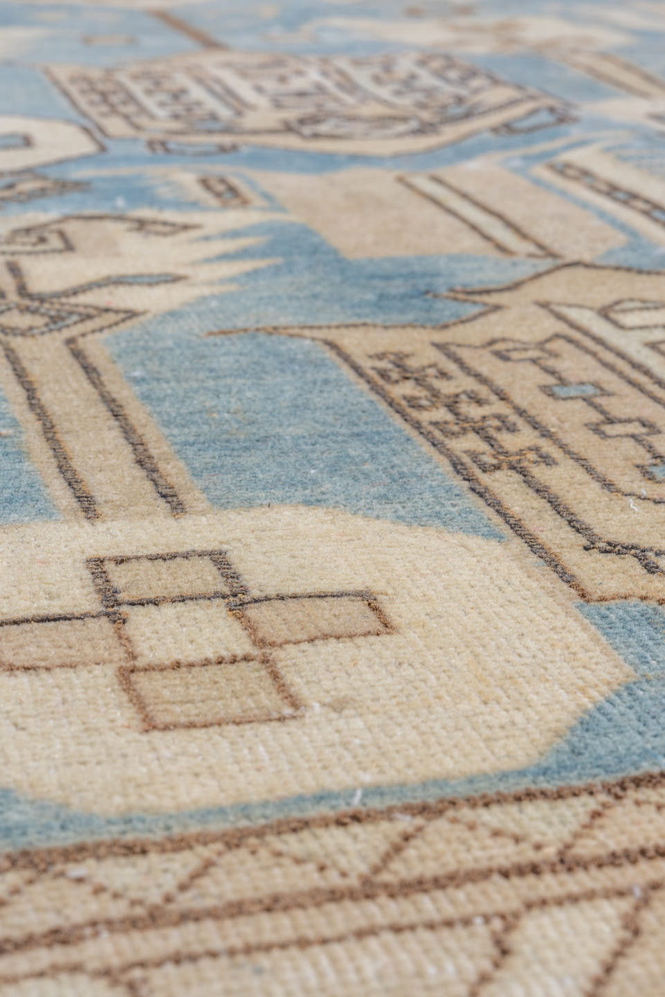 6' x 10' one-of-a-kind handmade antique Oushak large size rug. Color palette: sky blue, ivory, taupe, beige, camel, brown