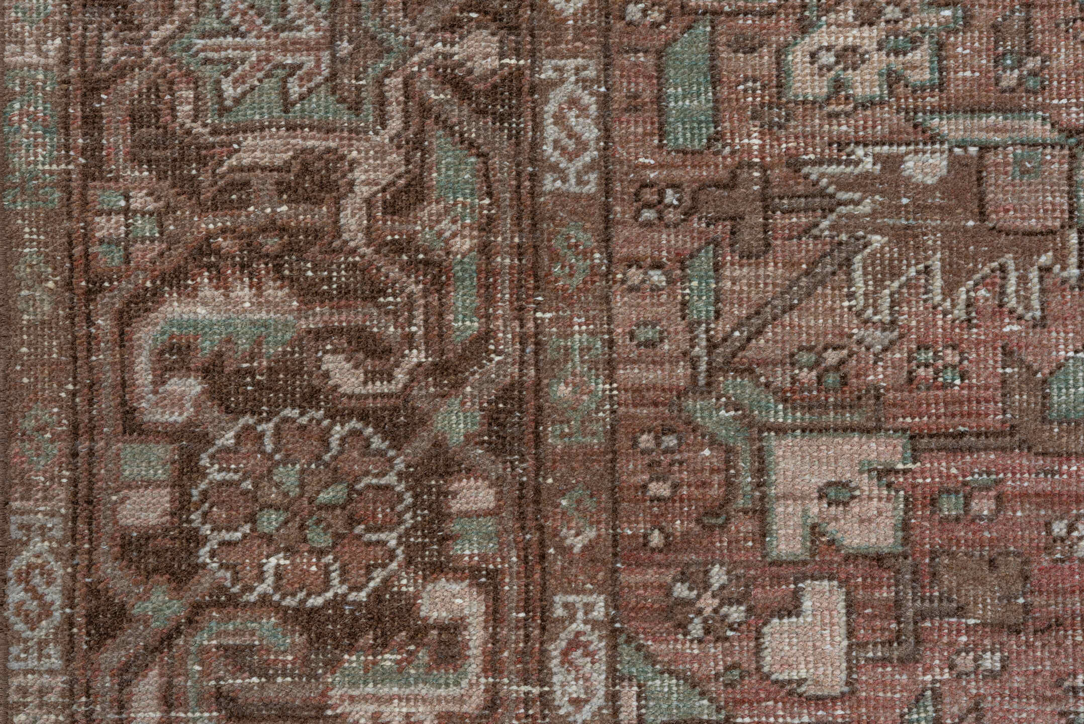 8' x 12' one-of-a-kind handmade antique Heriz large size rug. Color palette: rose, brown, ivory, taupe, sage, charcoal, pink