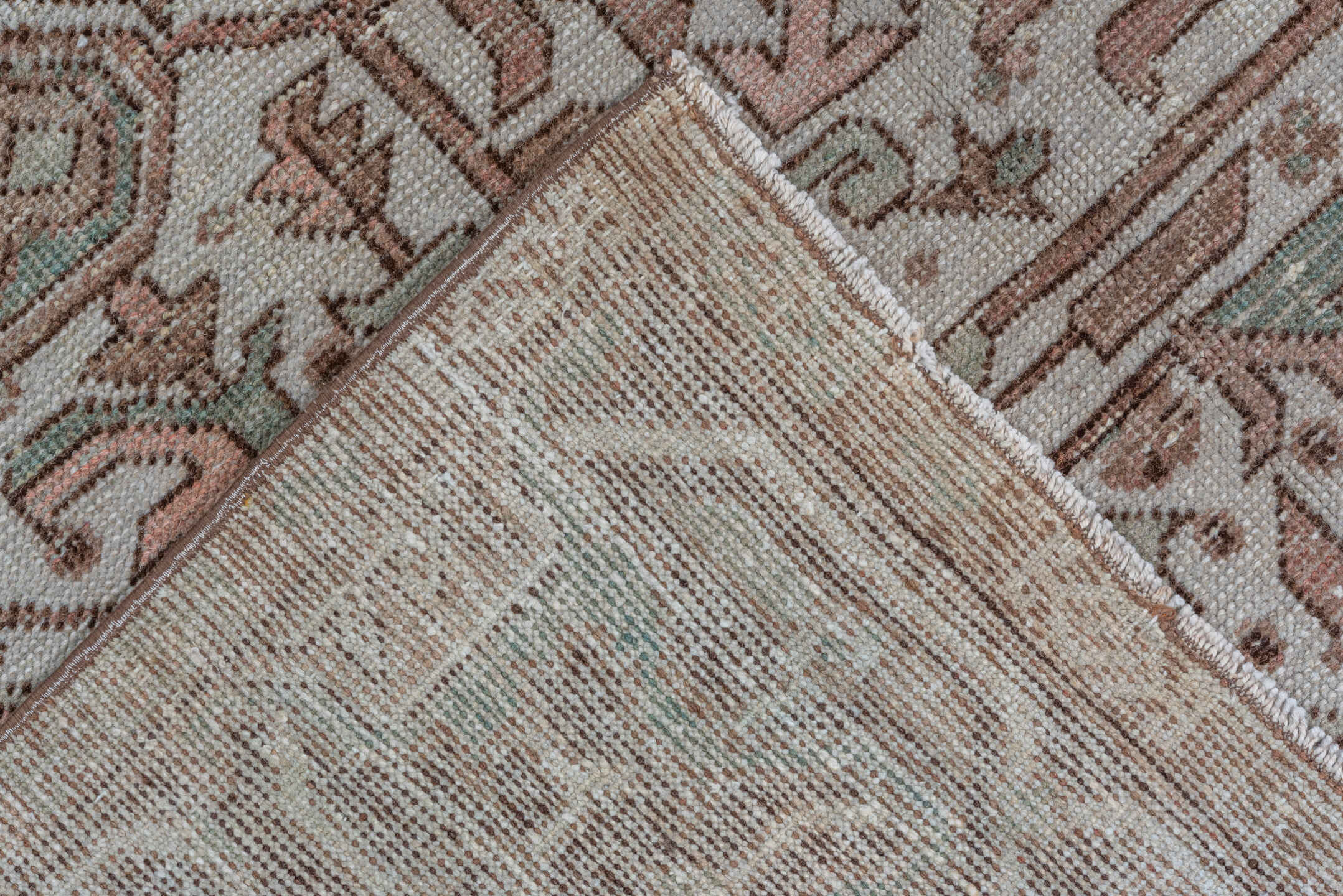 8' x 12' one-of-a-kind handmade antique Heriz large size rug. Color palette: rose, brown, ivory, taupe, sage, charcoal, pink