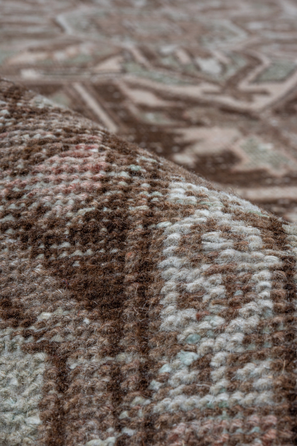8' x 12' one-of-a-kind handmade vintage Heriz large size rug. Color palette: brown, gray, light gray, off-white, pink