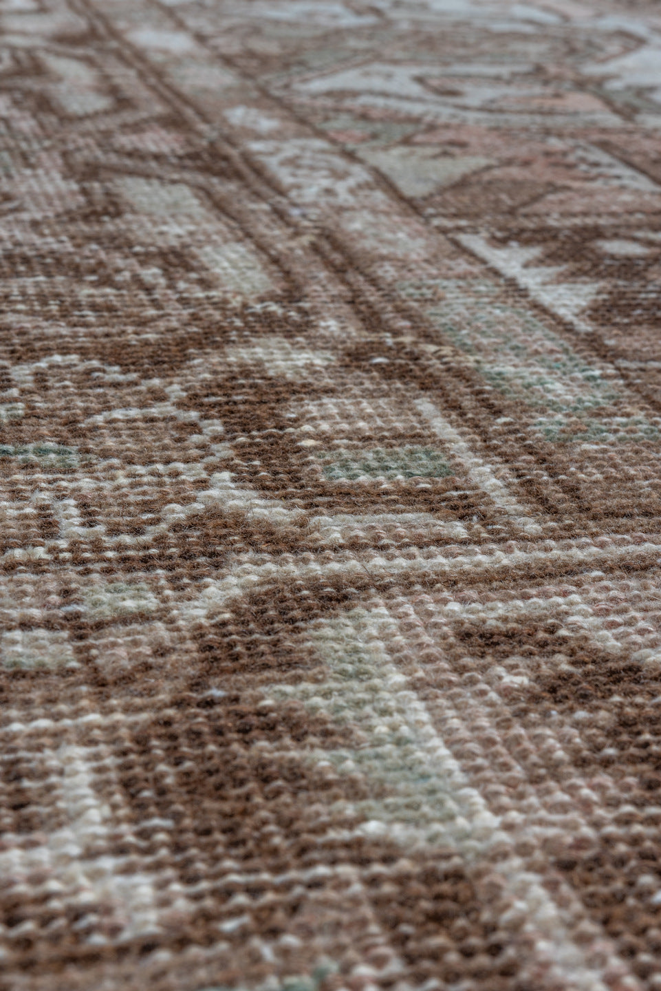 8' x 12' one-of-a-kind handmade antique Heriz large size rug. Color palette: rose, brown, ivory, taupe, sage, charcoal, pink