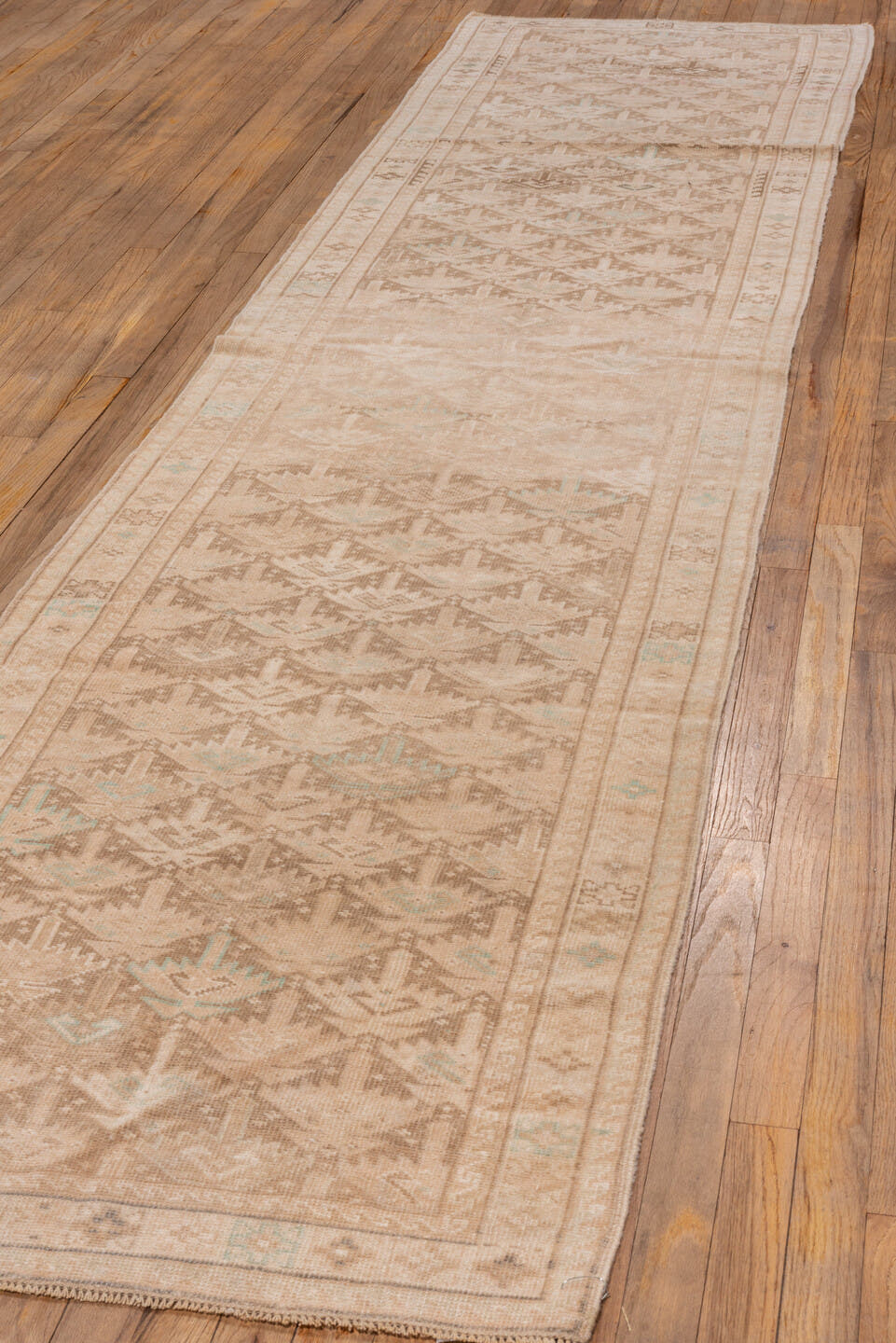2' x 12' one-of-a-kind handmade vintage Oushak runner rug. Color palette: beige, taupe, camel, ivory, pale aqua, sand
