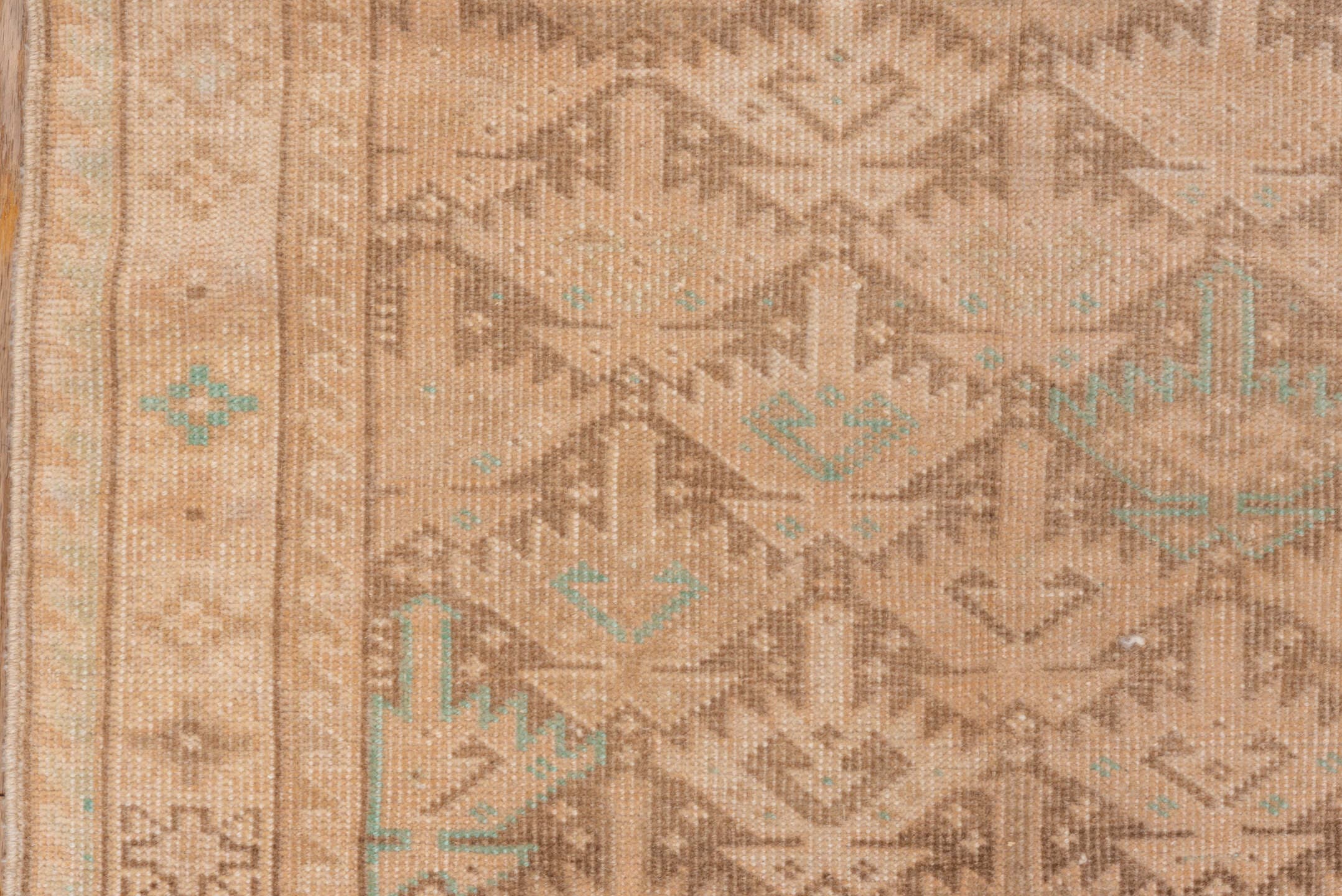 2' x 12' one-of-a-kind handmade vintage Oushak runner rug. Color palette: beige, taupe, camel, ivory, pale aqua, sand