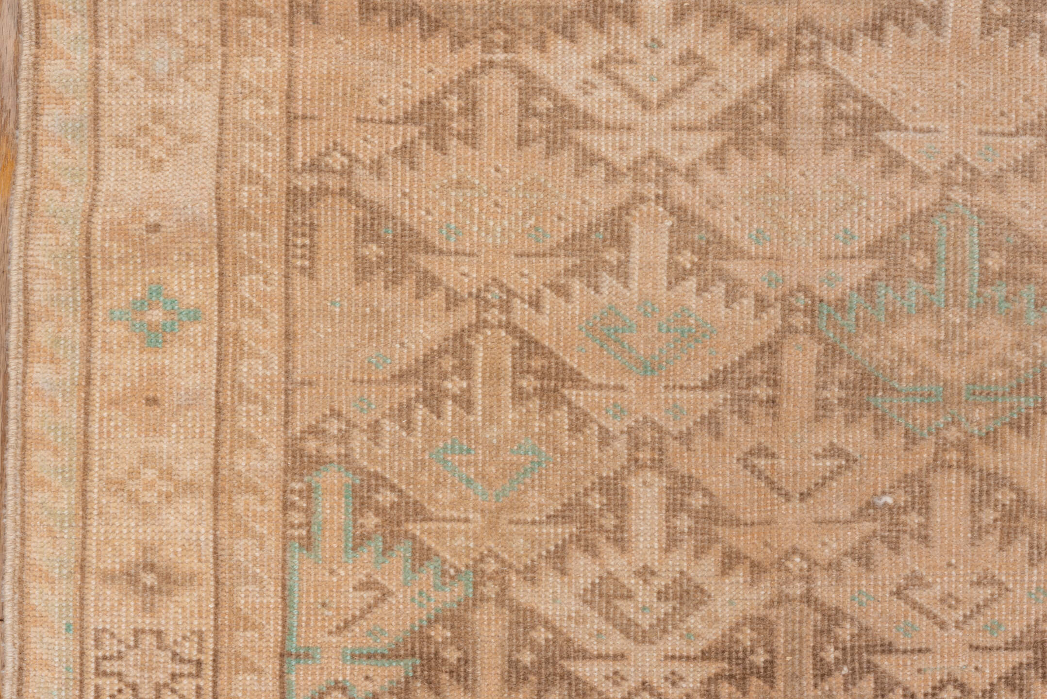 2' x 12' one-of-a-kind handmade vintage Oushak runner rug. Color palette: beige, taupe, camel, ivory, pale aqua, sand