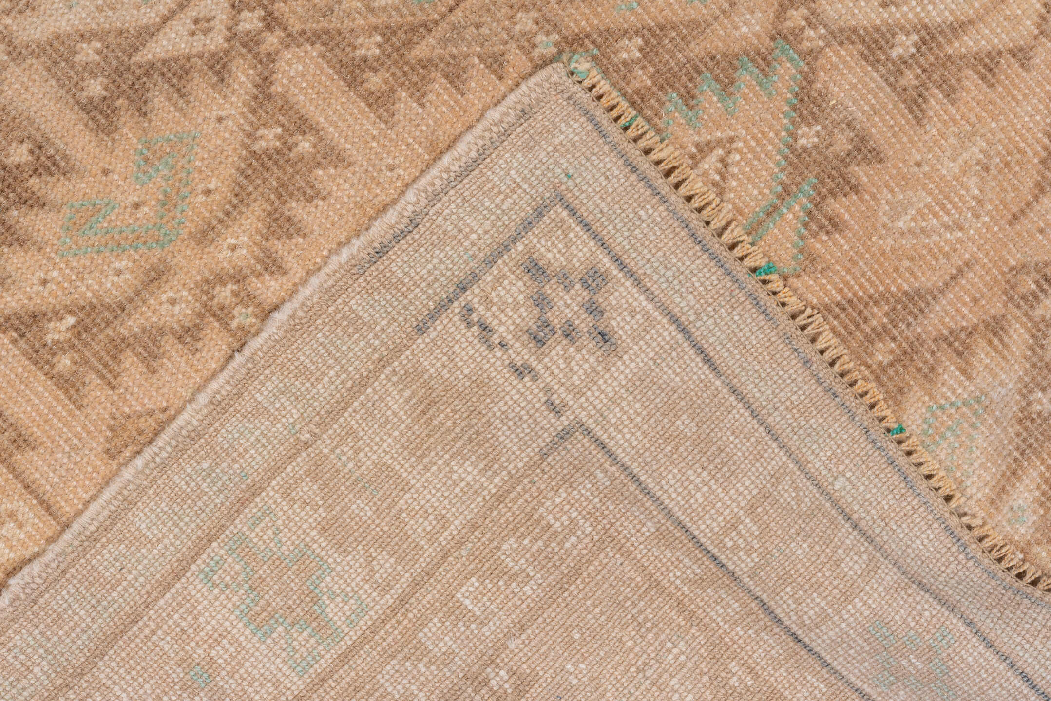 2' x 12' one-of-a-kind handmade vintage Oushak runner rug. Color palette: beige, taupe, camel, ivory, pale aqua, sand