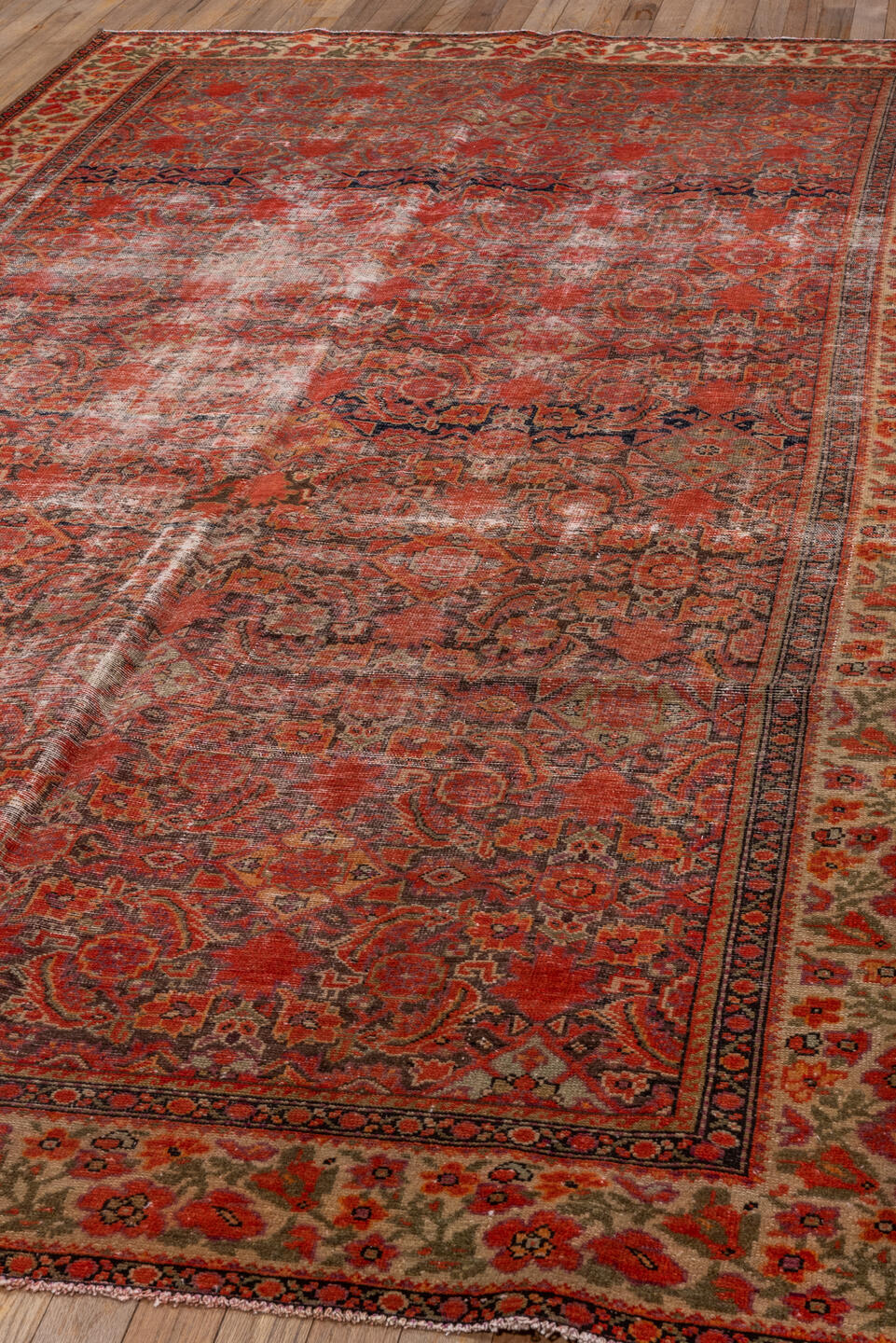 5' x 9' one-of-a-kind handmade vintage Malayer medium size rug. Color palette: rust, ivory, coral, navy, terracotta, taupe