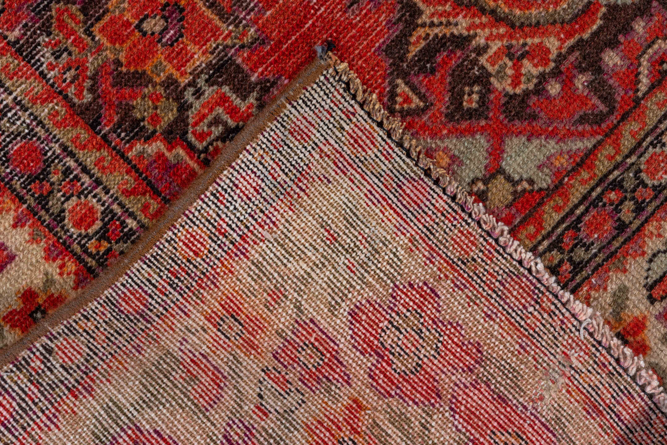 5' x 9' one-of-a-kind handmade vintage Malayer medium size rug. Color palette: rust, ivory, coral, navy, terracotta, taupe