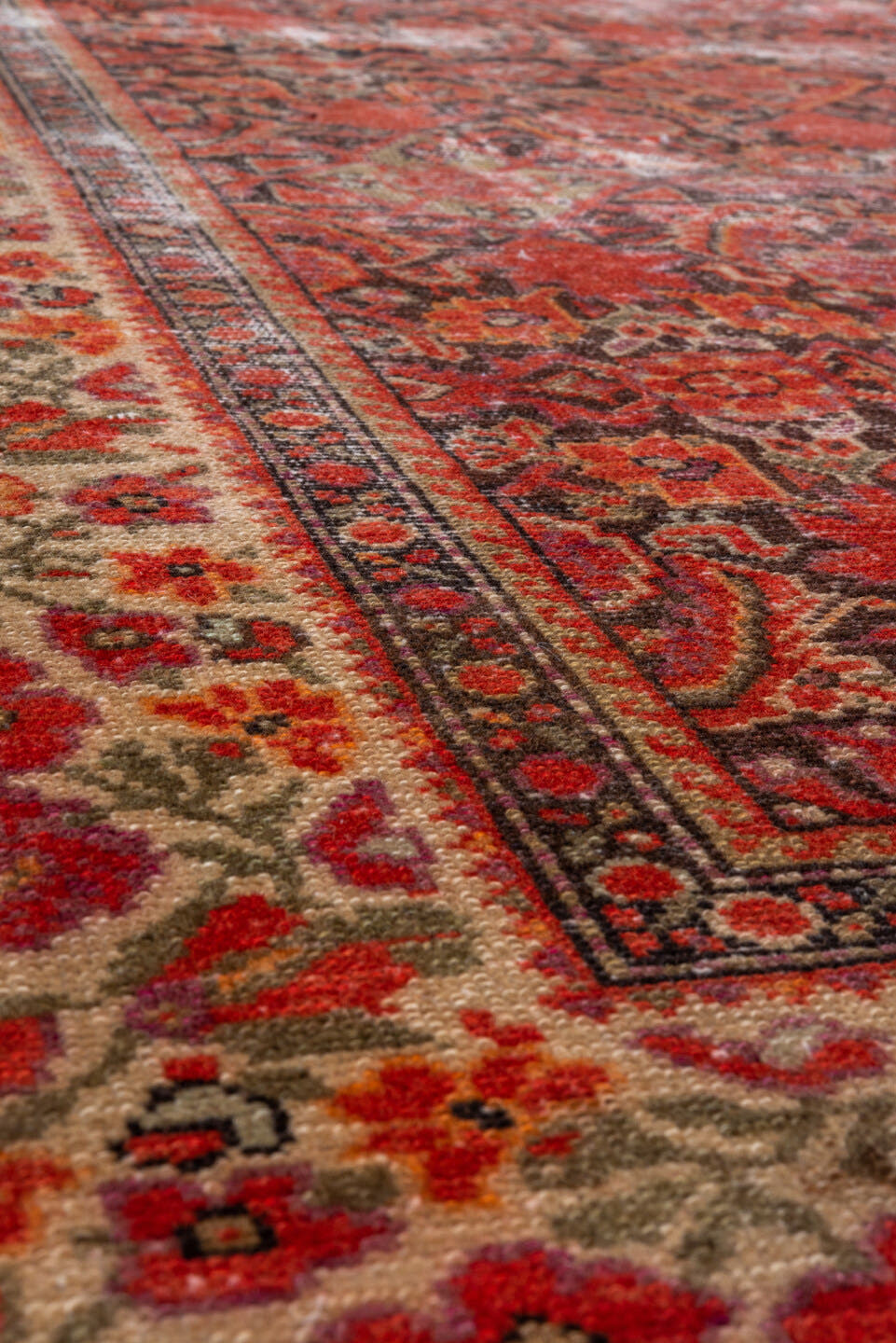 5' x 9' one-of-a-kind handmade vintage Malayer medium size rug. Color palette: rust, ivory, coral, navy, terracotta, taupe