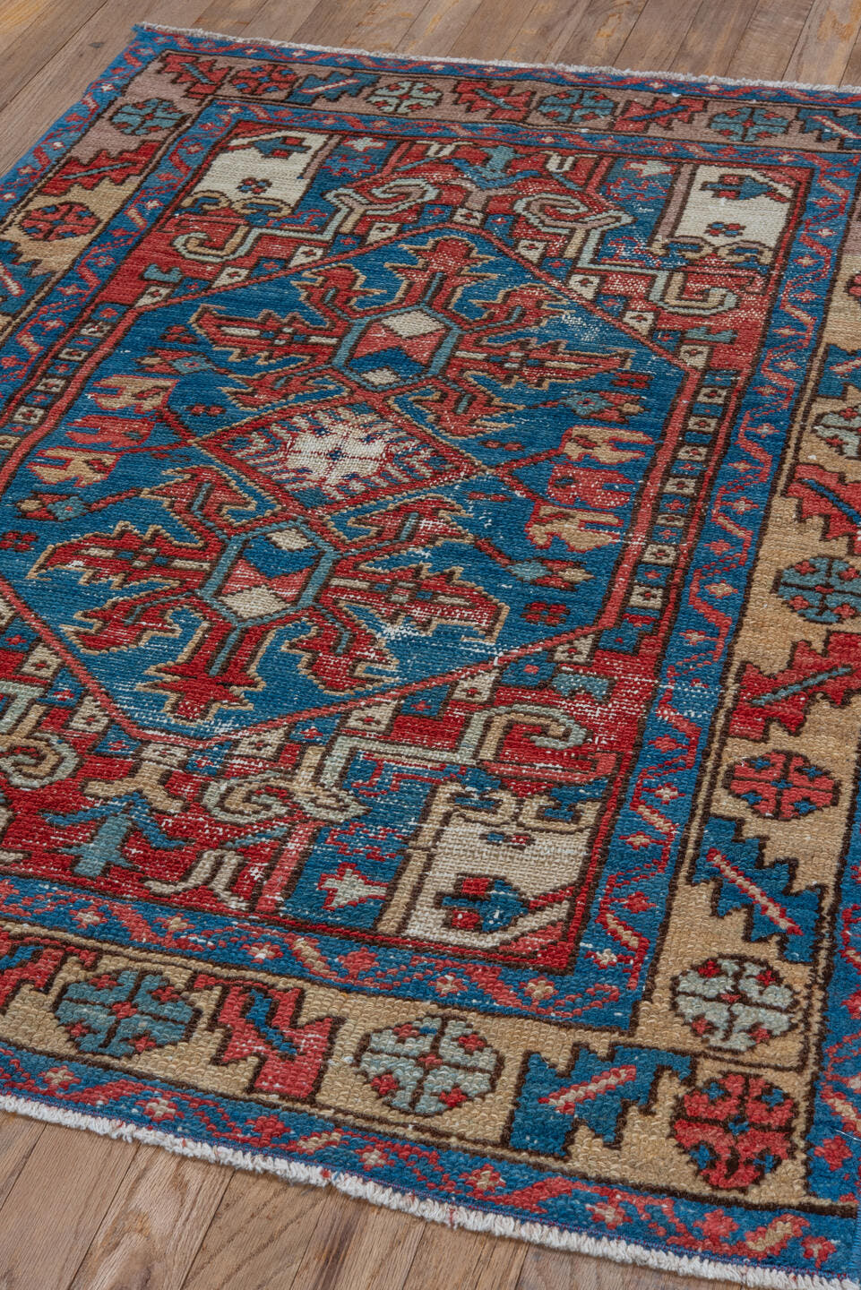 3' x 4' one-of-a-kind handmade vintage Heriz small size rug. Color palette: sky blue, ivory, crimson, navy, coral, taupe