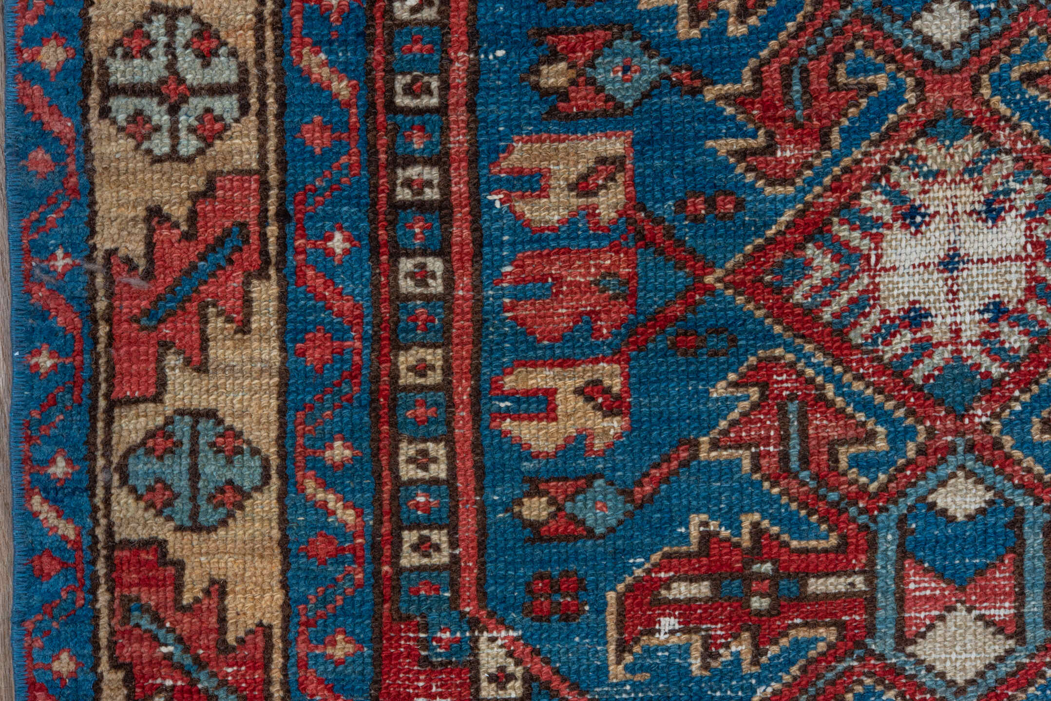 3' x 4' one-of-a-kind handmade vintage Heriz small size rug. Color palette: sky blue, ivory, crimson, navy, coral, taupe