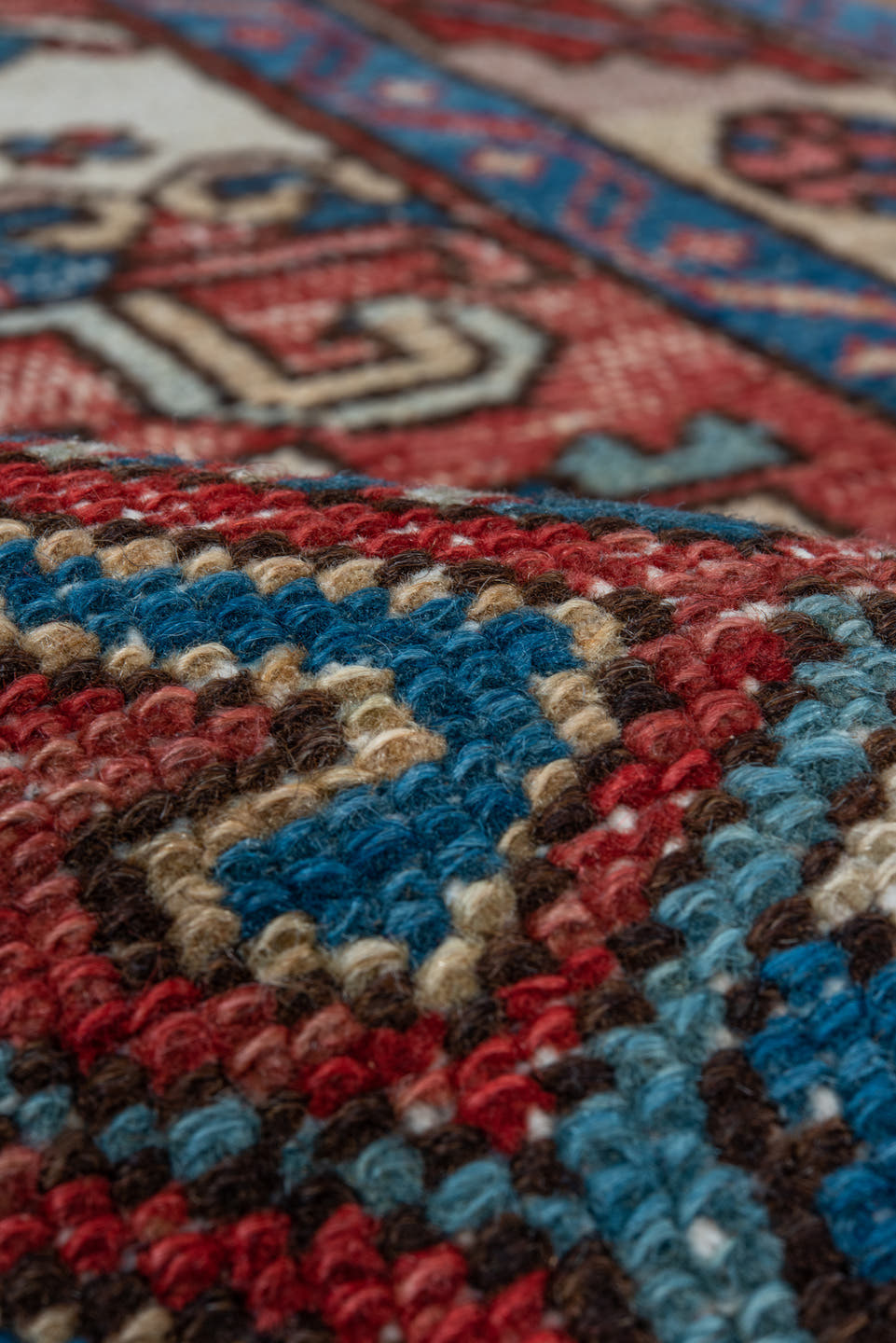 3' x 4' one-of-a-kind handmade vintage Heriz small size rug. Color palette: sky blue, ivory, crimson, navy, coral, taupe