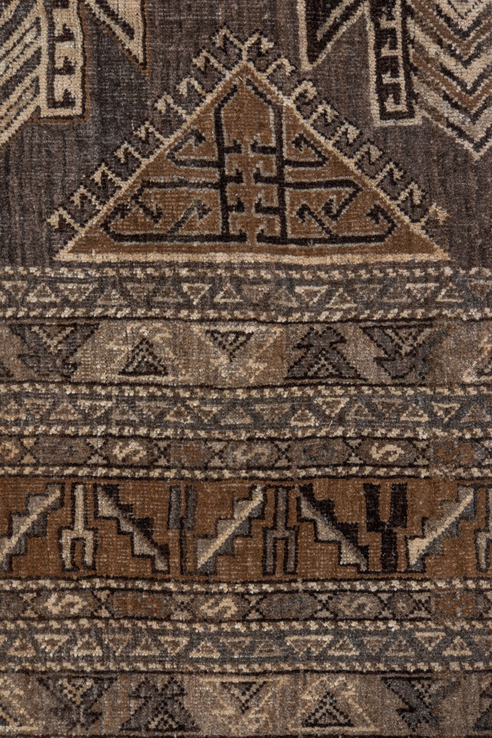7' x 9' one-of-a-kind handmade vintage Afghan rug. Color palette: taupe, brown, ivory, charcoal, camel, beige, gray, black