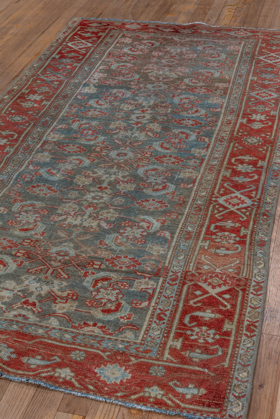 3' x 6' one-of-a-kind handmade vintage Malayer small size rug. Color palette: sky blue, rust, ivory, slate, coral, taupe